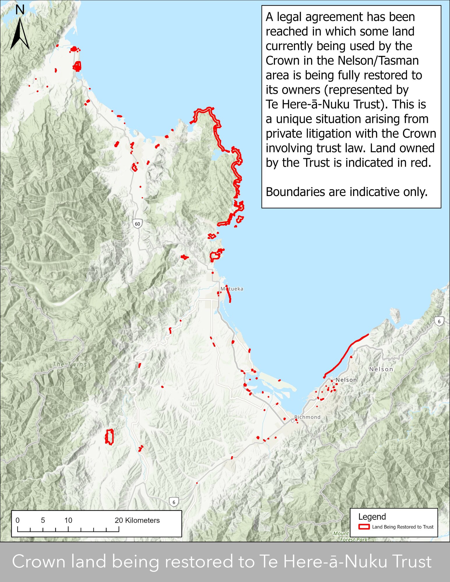 The map showing land in Nelson-Tasman being returned to the descendants of the original owners in a historic deal signed with the Crown on December 17, 2025. Image / supplied