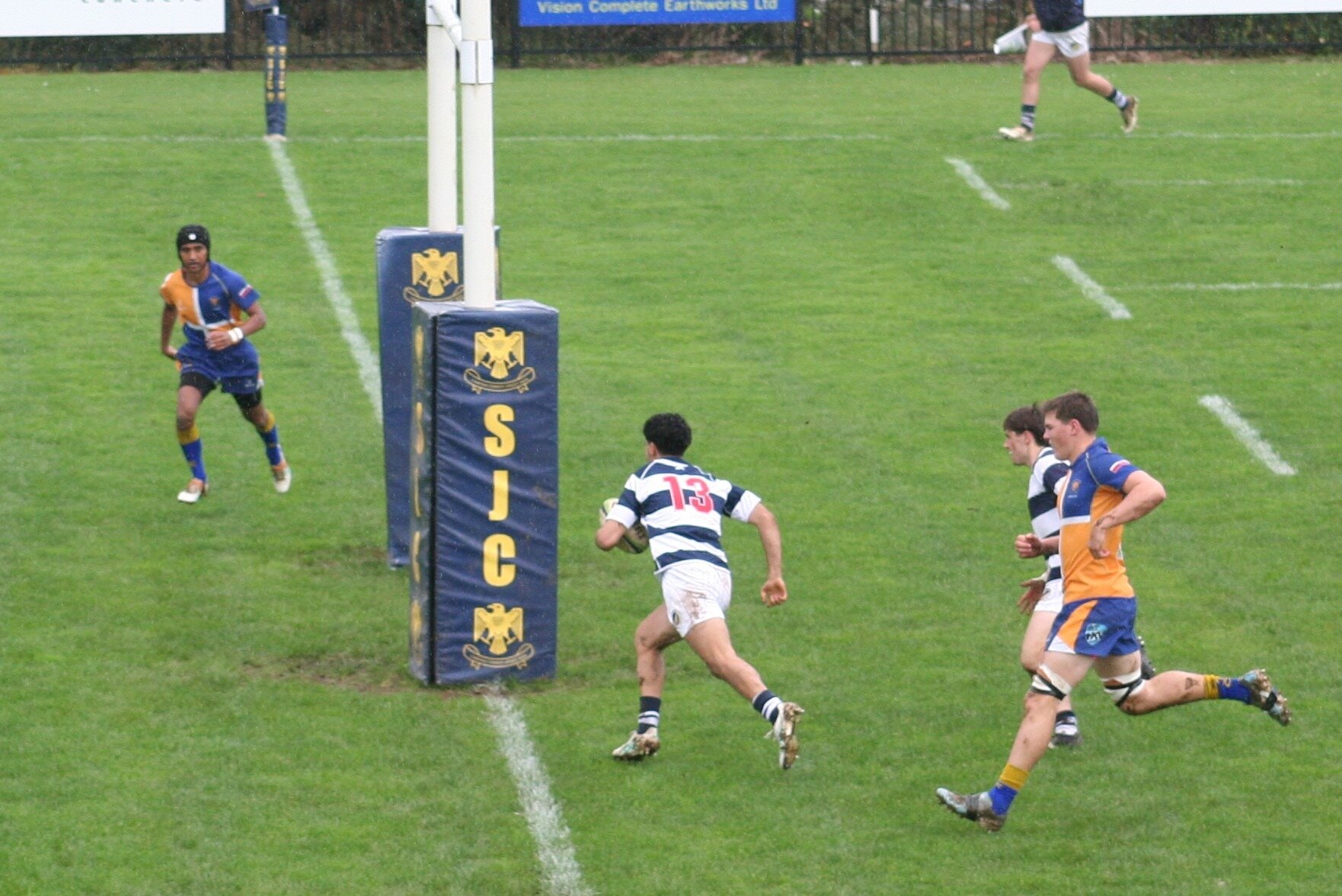 Palmerston North BHS first XV centre Te Wano Winiata-Enoka scores the opening try against St John's. Photo / Bruce Holloway