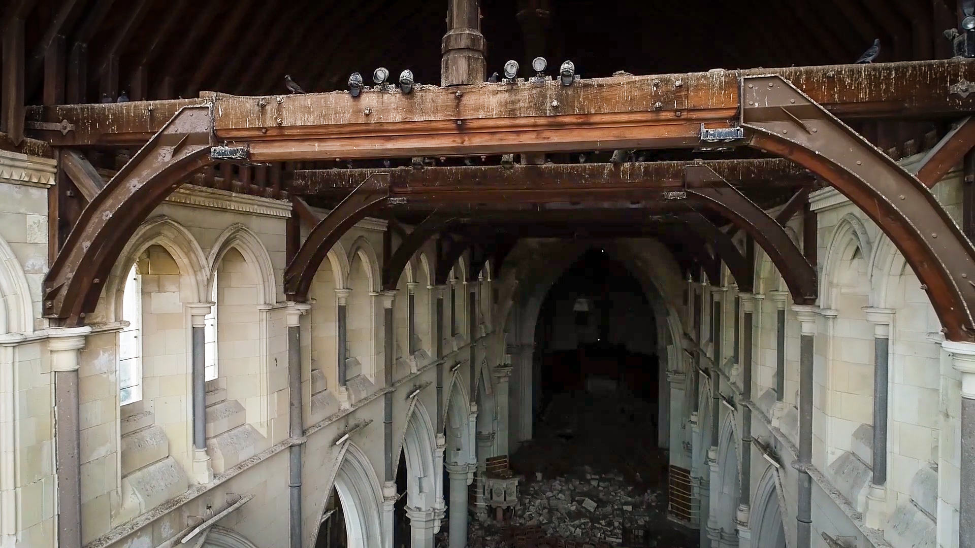 The roof interior was taken over by pigeons, which are in the process of being removed. Photo / Christ Church Cathedral Reinstatement Project