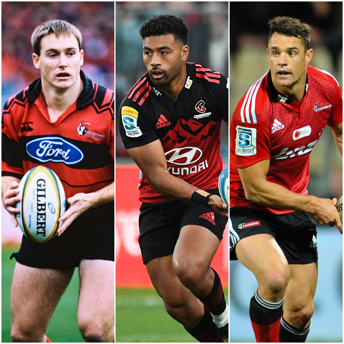 Richie Mo'unga (centre) will join first-five greats Andrew Mehrtens and Dan Carter as Crusaders centurions this week. Photos / Photosport