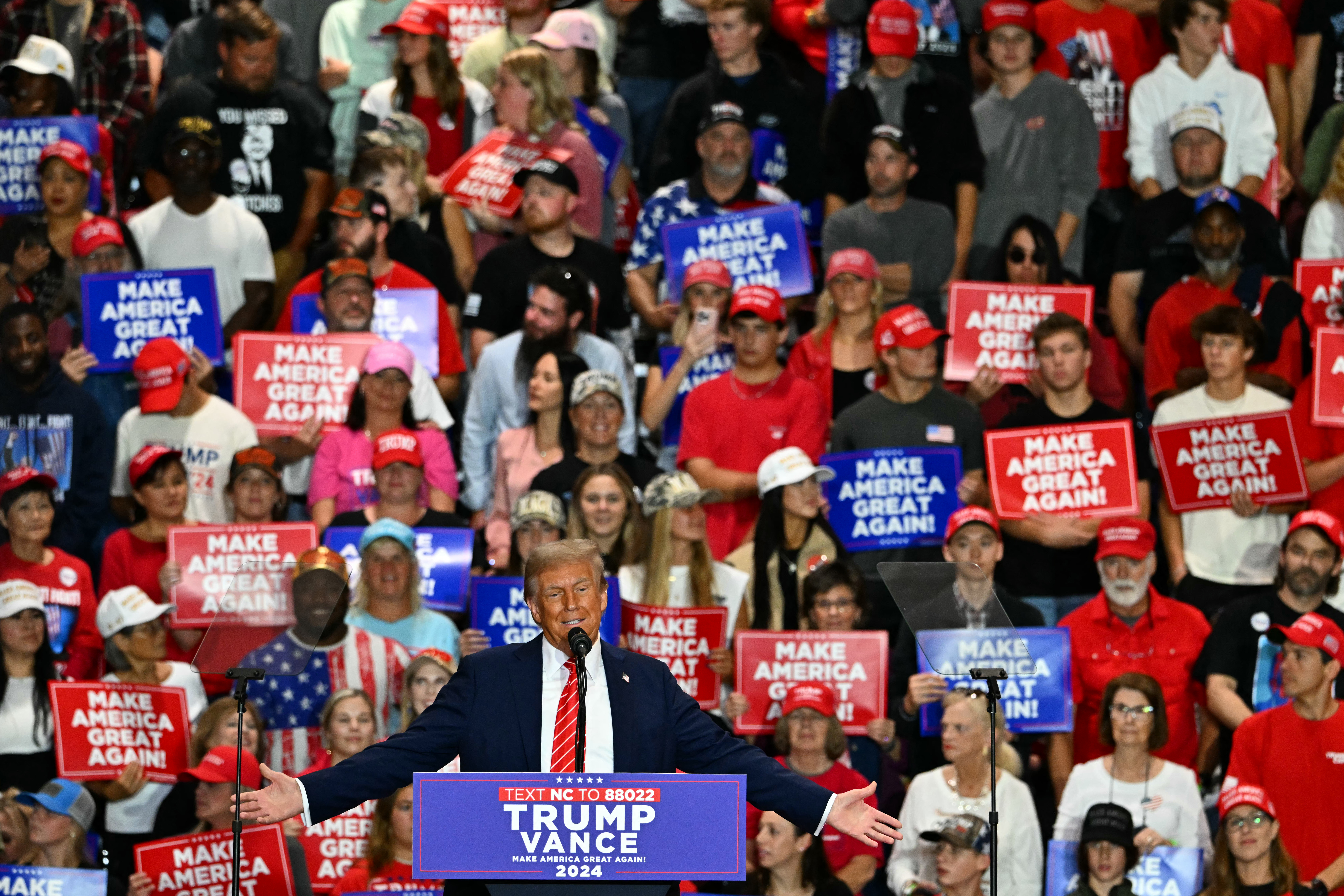Former US President and 2024 Republican presidential candidate Donald Trump speaks at a campaign rally at the Rocky Mount Event Center in Rocky Mount. Photo / AFP