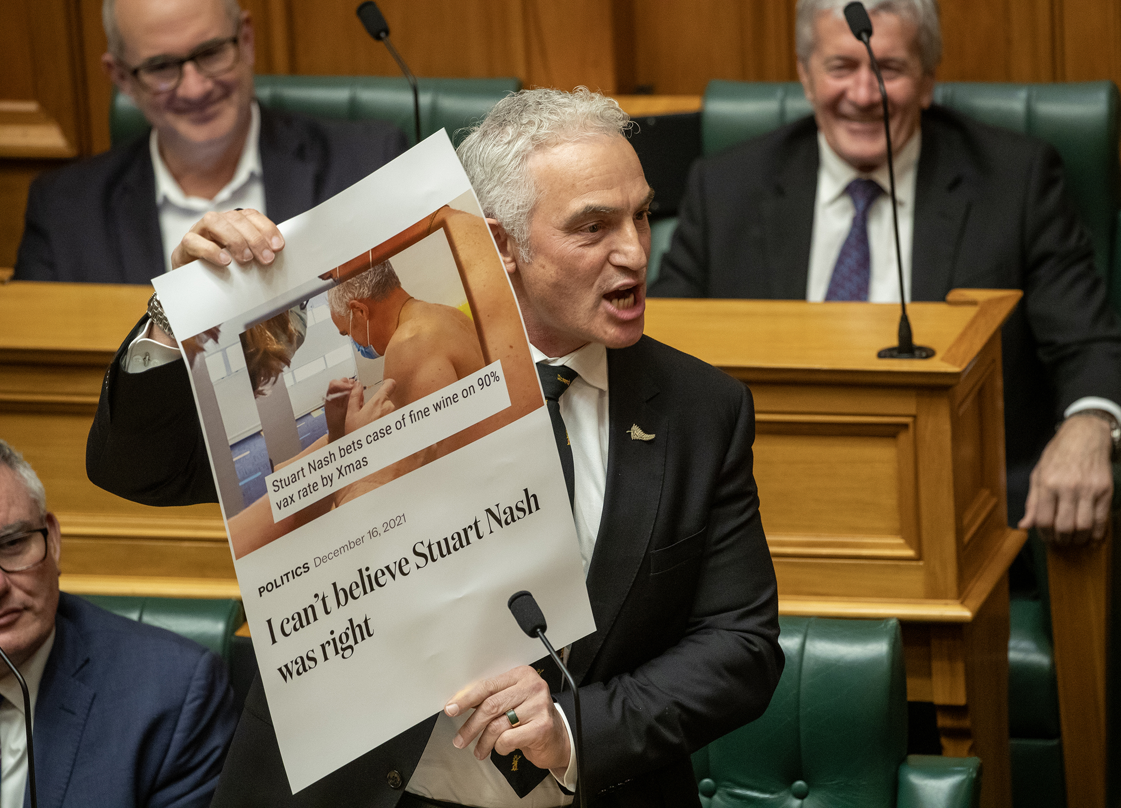 Outgoing Labour MP Stuart Nash talks about a bet with Newstalk ZB host Mike Hosking during his valedictory speech in Parliament. Photo / Mark Mitchell