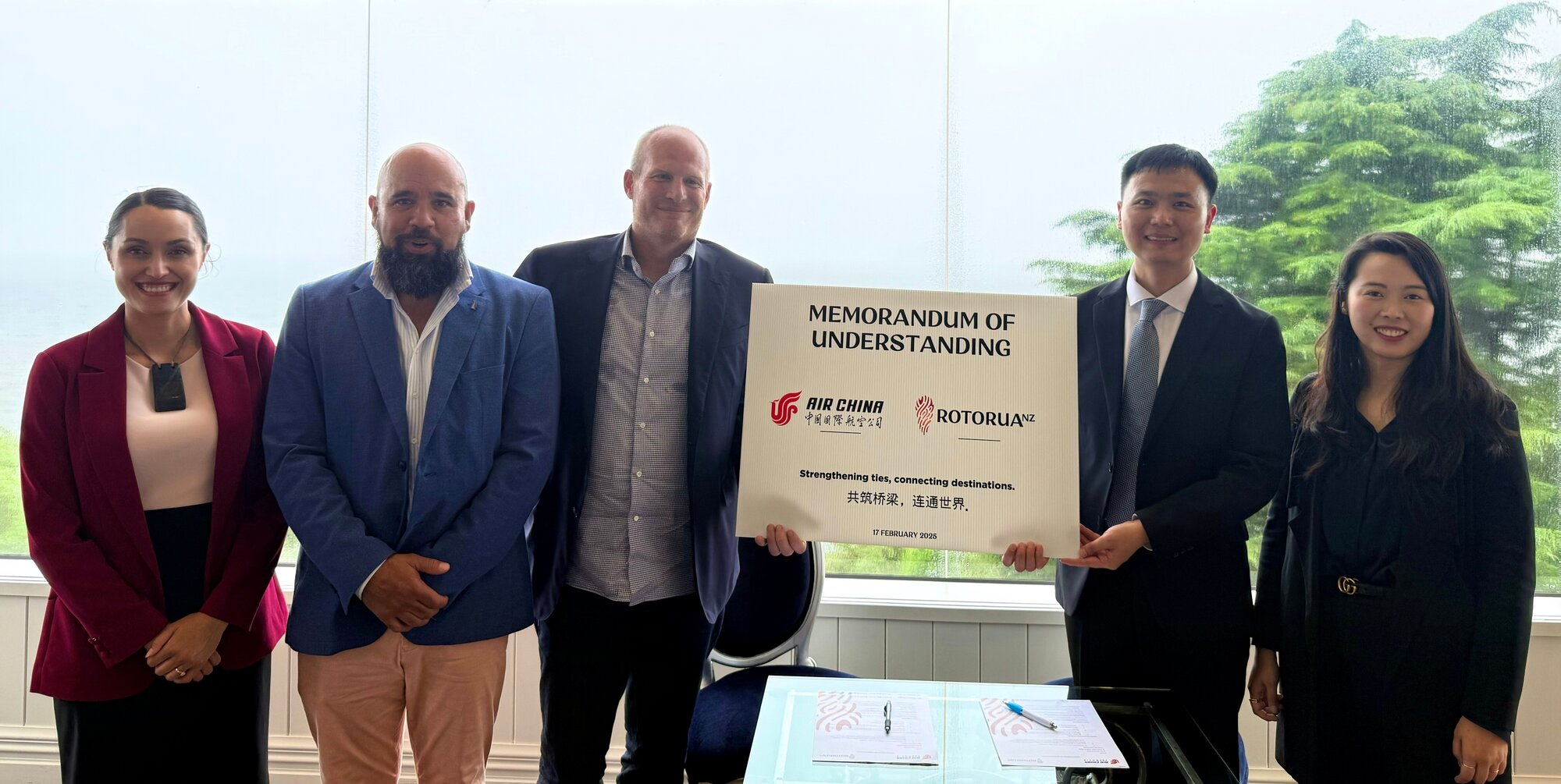 Rotorua Mayor Tania Tapsell, RotoruaNZ business development manager Kyle Kydd, RotoruaNZ chief executive Andrew Wilson, Air China general manager Zhengjun Hu and Air China account manager Jiaying Yan at the signing ceremony of the Memorandum of Understanding between RotoruaNZ and Air China. Photo / Supplied
