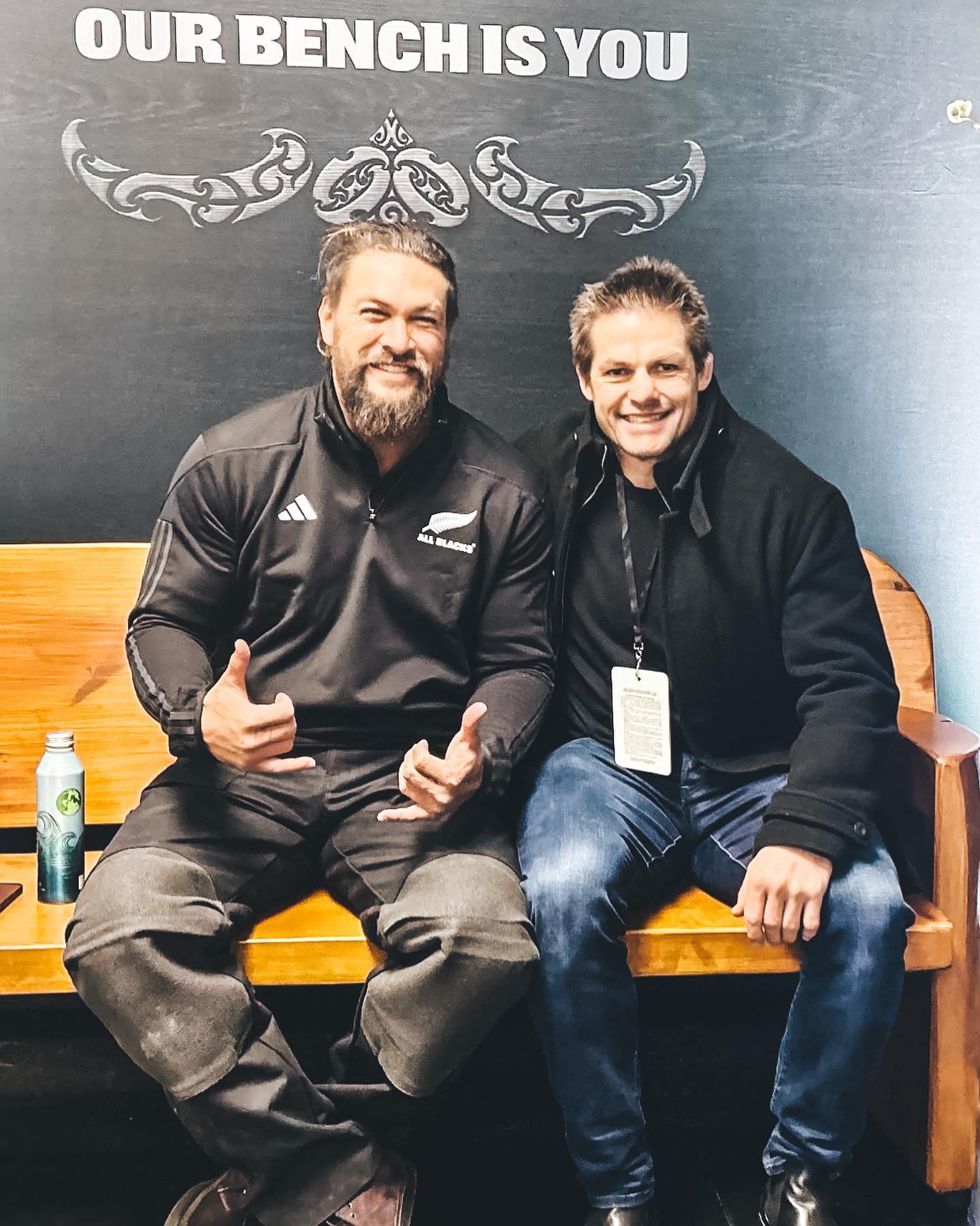 Jason Momoa and Richie McCaw in full support mode for the All Blacks. Photo / Instagram