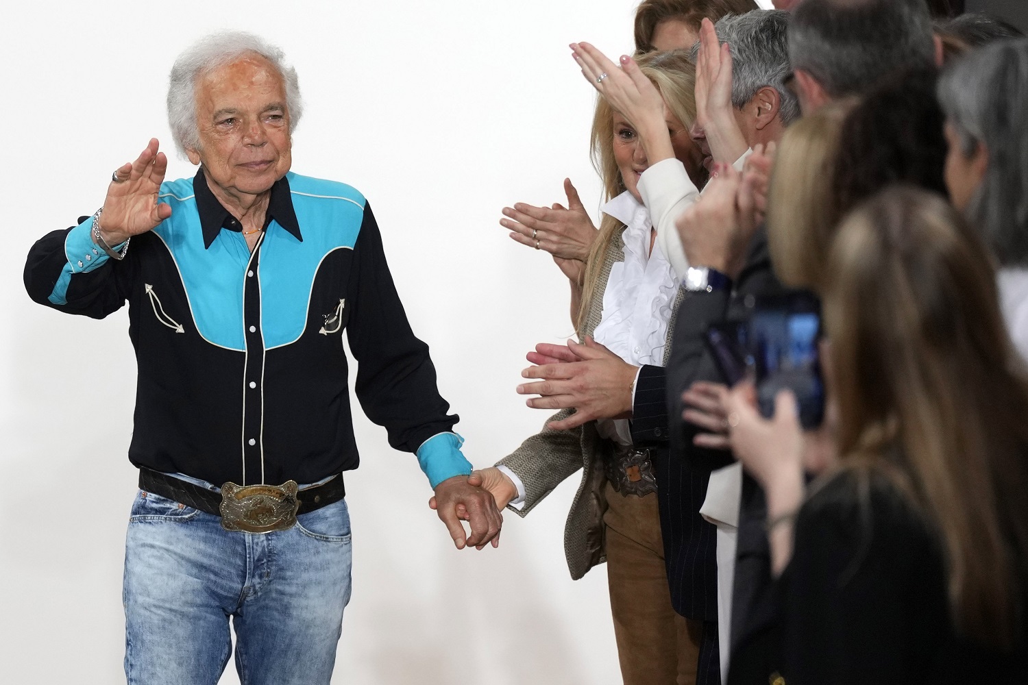 Ralph Lauren walks the runway at the conclusion of the presentation at his New York City office. Photo / AP
