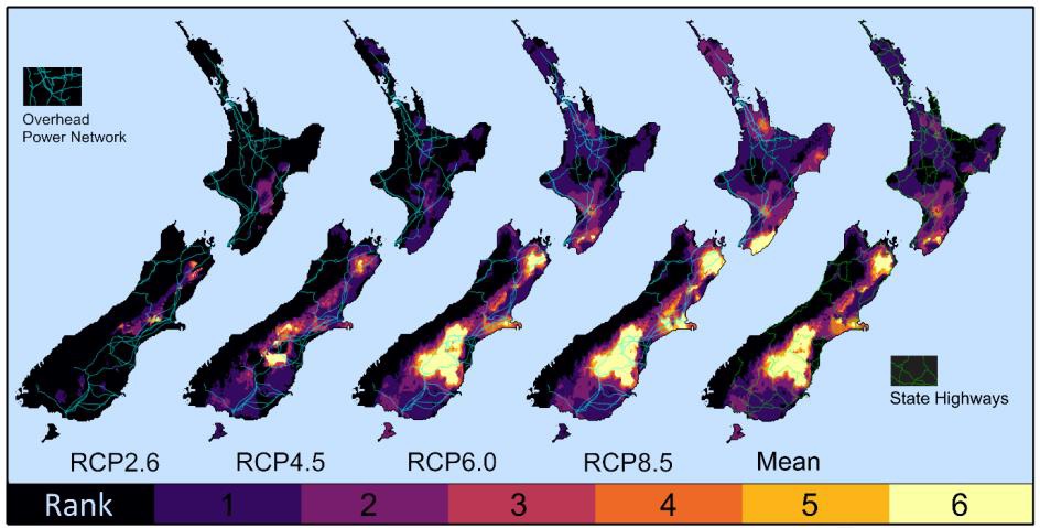 This map shows areas projected to experience emergence in the season length of wildfire weather risk, up to the specified wildfire rank severity from 2005 to 2020 levels, to 2100. Shaded areas also include all wildfire ranks below.