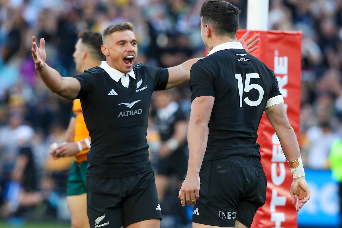Will Jordan celebrates with Cortez Ratima after scoring in the Rugby Championship and Bledisloe Cup test match in Sydney. Photo / Photosport