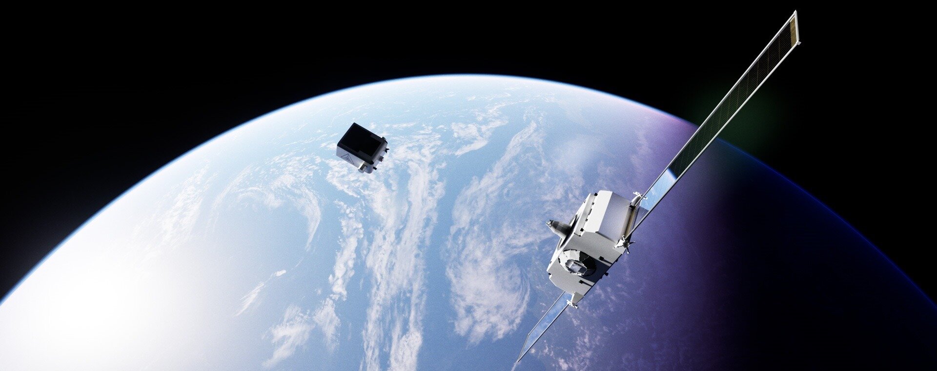 Dawn Aerospace's Loop on-orbit refuelling network will consist of two vehicles, seen here in an artist render: the Space Utility Vehicle (right) and the Orbital Propellant Depot.