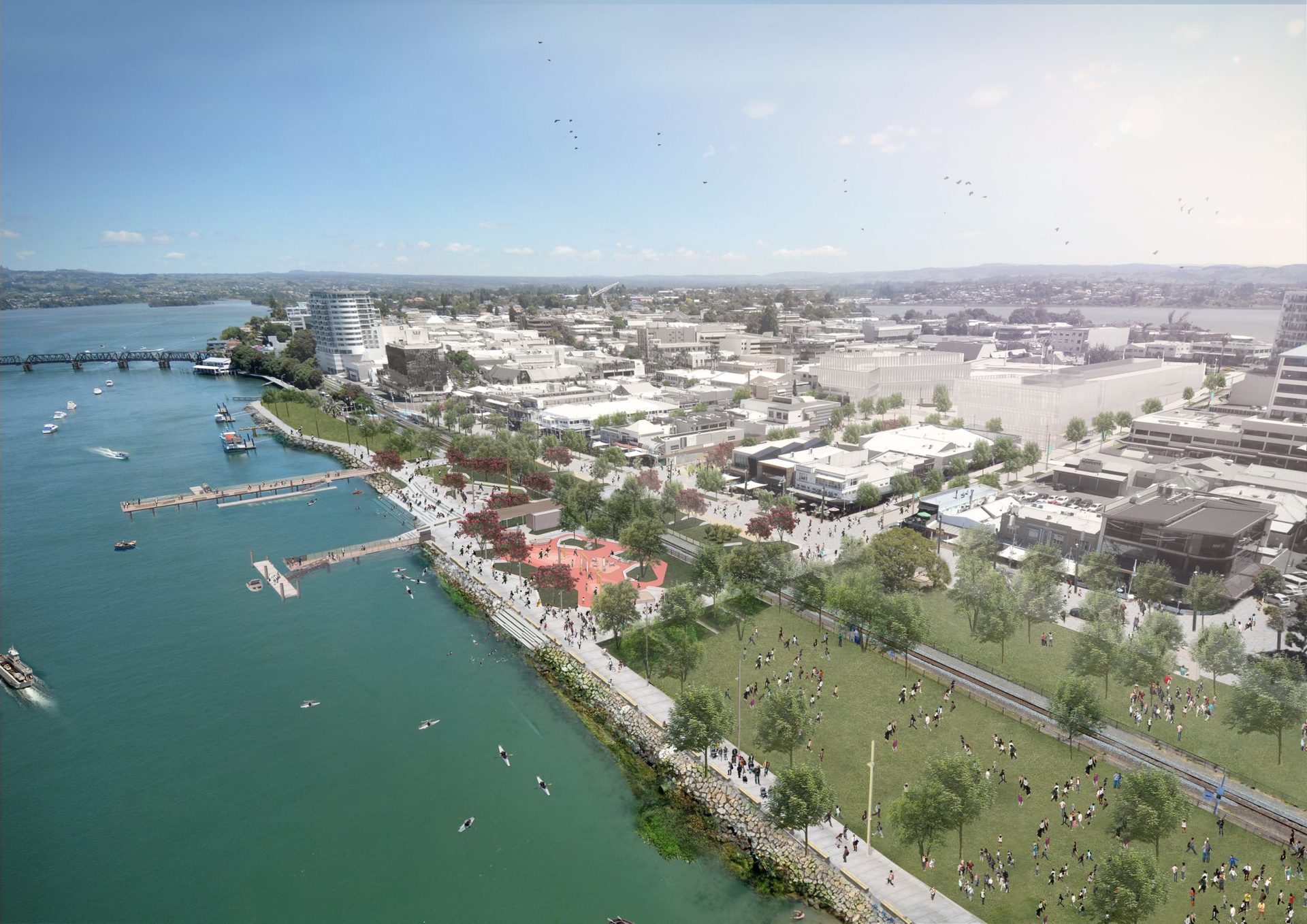 The Tauranga Waterfront plans include replacing the current carpark with green space. Image / Supplied