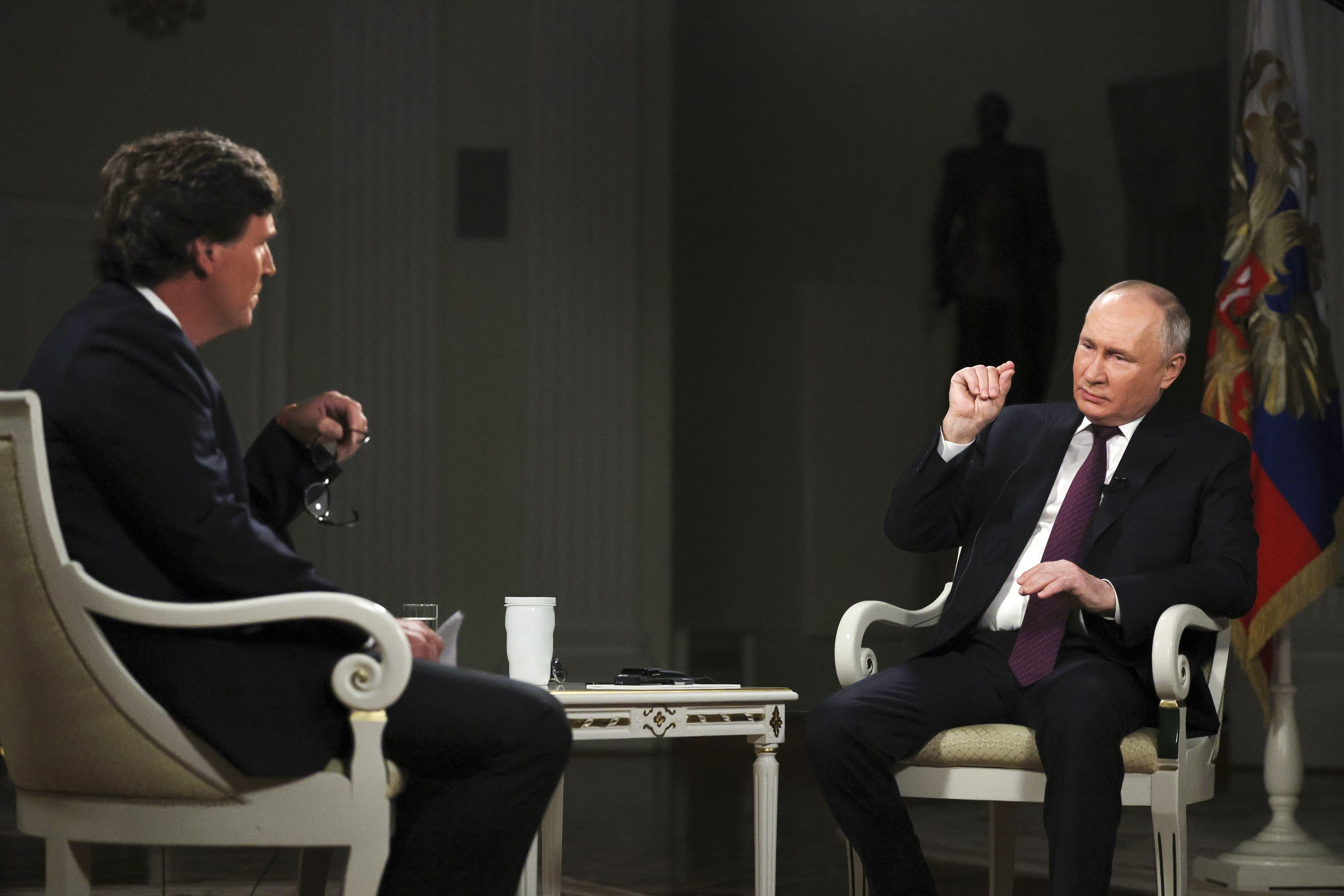 Russian President Vladimir Putin speaks during an interview with former Fox News host Tucker Carlson at the Kremlin in Moscow, Russia. Photo / AP
