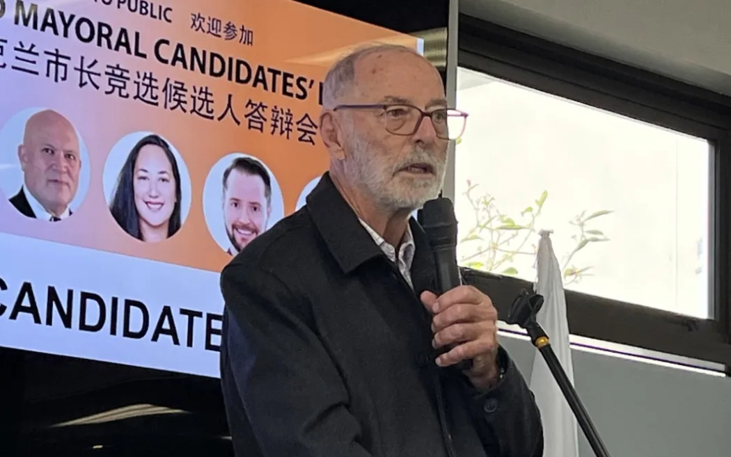 Wayne Brown, seen attending a candidates' event in South Auckland, is seeking a second term as mayor. Photo / RNZ, Liu Chen