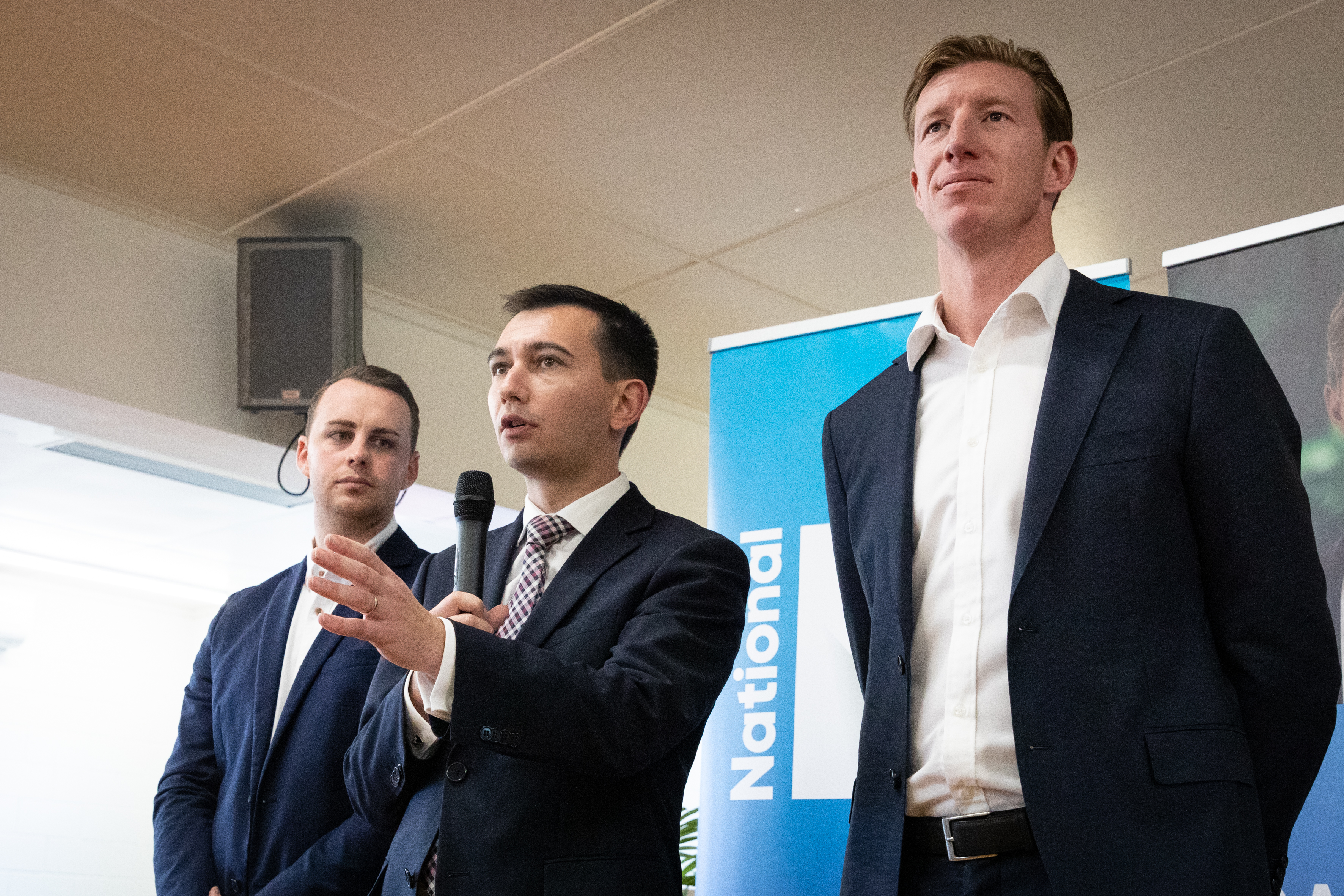 Local Government Minister Simeon Brown (centre), pictured with Bay of Plenty MP Tom Rutherford (left), and Tauranga MP Sam Uffindell (right) at a pre-election public meeting in Tauranga in May 2023. Photo / Alex Cairns