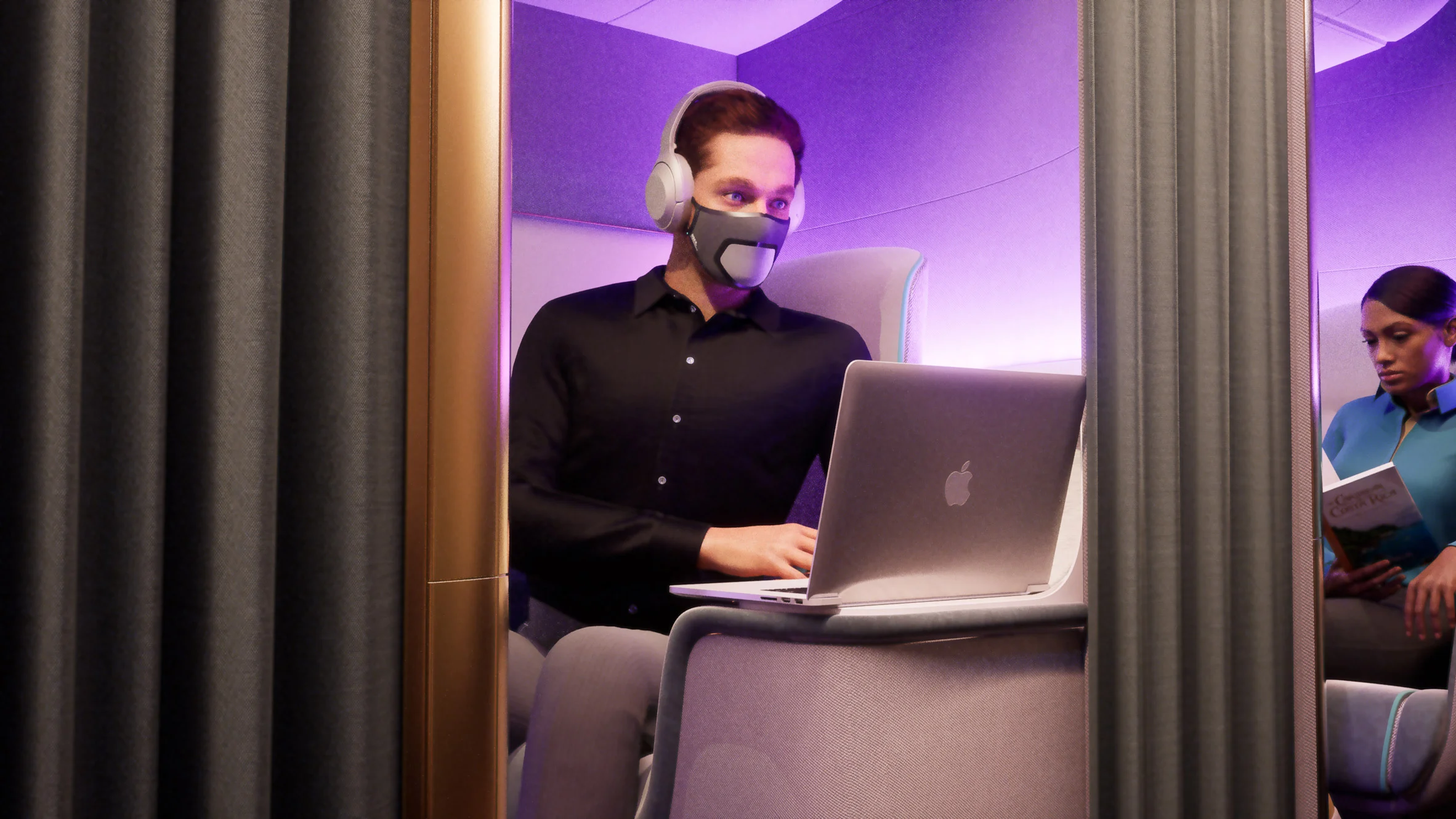 Plane privacy: Skyted masks for quiet calls were lauded by the design awards as use of wi-fi and WhatsApp increases on planes. Photo / Crystal Cabins