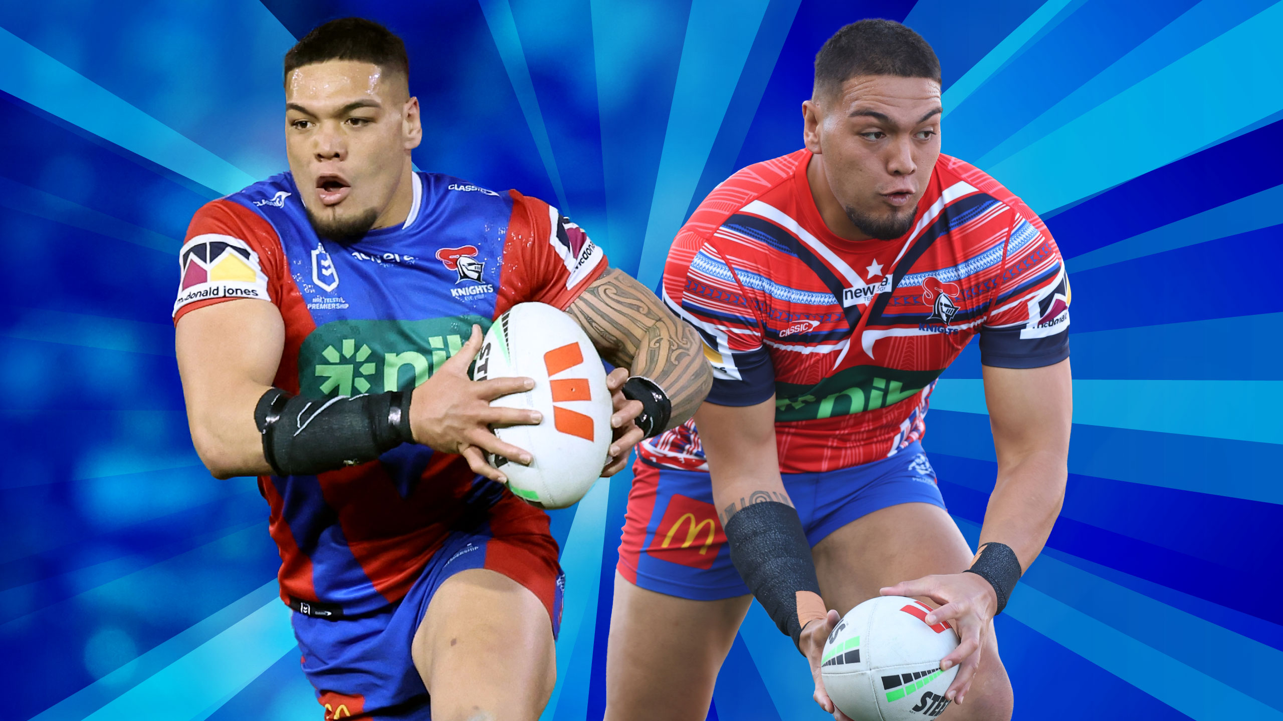 Leo Thompson (left) and identical twin Tyrone are in the Knights' line-up for tomorrow's match against the Warriors in Christchurch. Photos / Getty Images