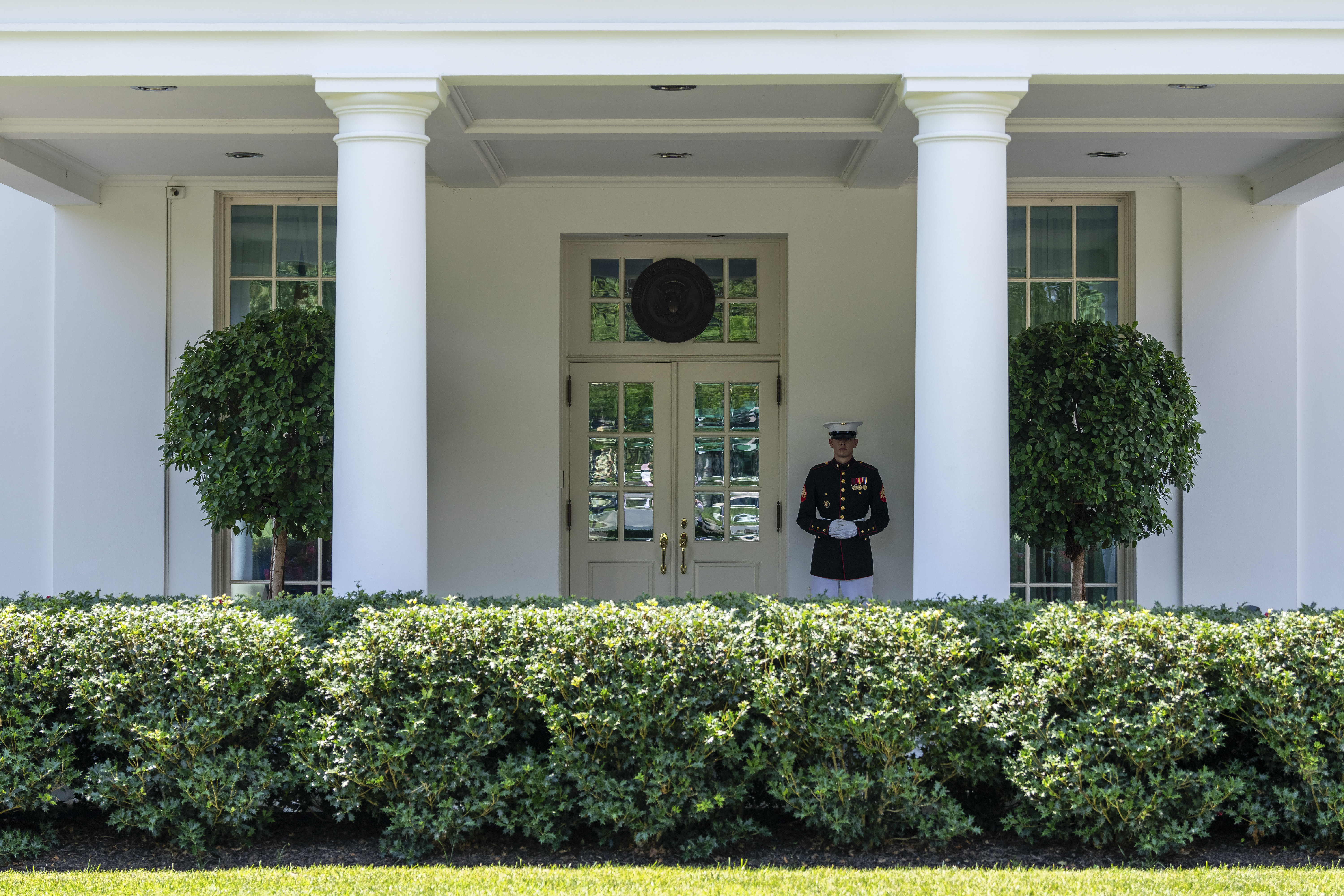 A Marine stands at the entrance to the West Wing at the White House on July 3, 2024. Photo / Eric Lee, The New York Times
