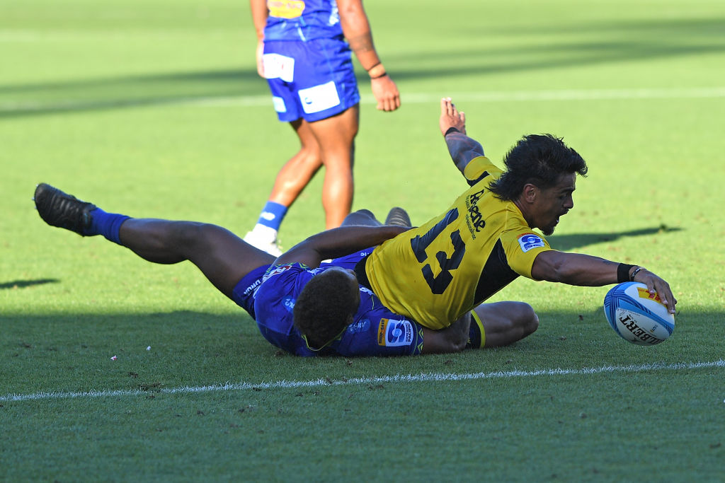 Bailyn Sullivan of the Hurricanes scores a try against the Fijian Drua. Photo / Getty Images