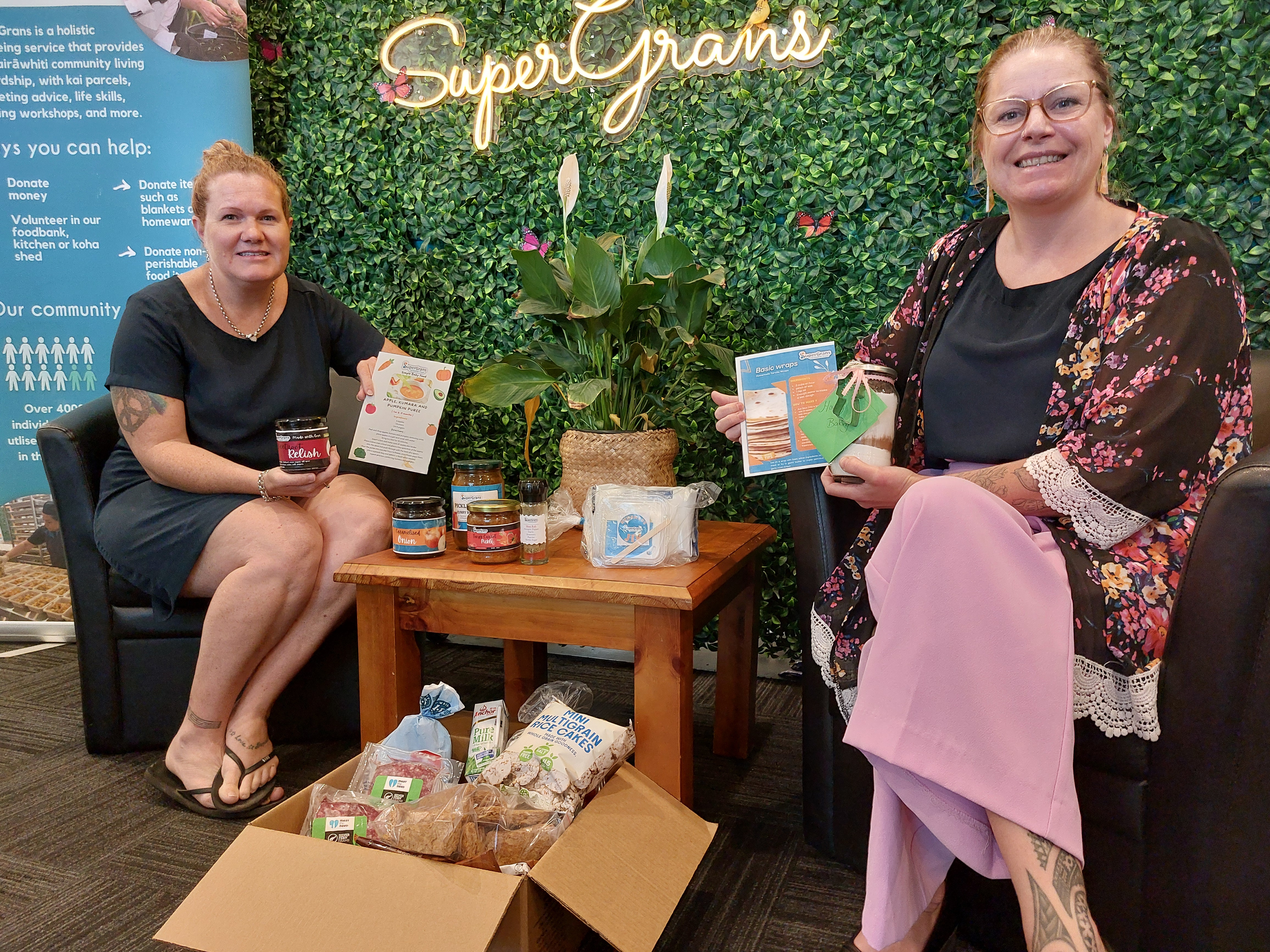 Social worker Tami Gooch, left, with Sarah Elliott. From June 2024 to November 2024, SuperGrans Tairāwhiti assisted 3867 individuals, gave out 1576 kai parcels and ran ongoing support for 111 whānau. Photo / James Pocock