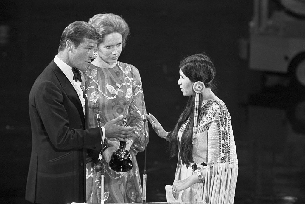 At the 1973 Academy Awards, Sacheen Littlefeather refuses the Academy Award for Best Actor on behalf of Marlon Brando who won for his role in The Godfather. Photo / Getty Images