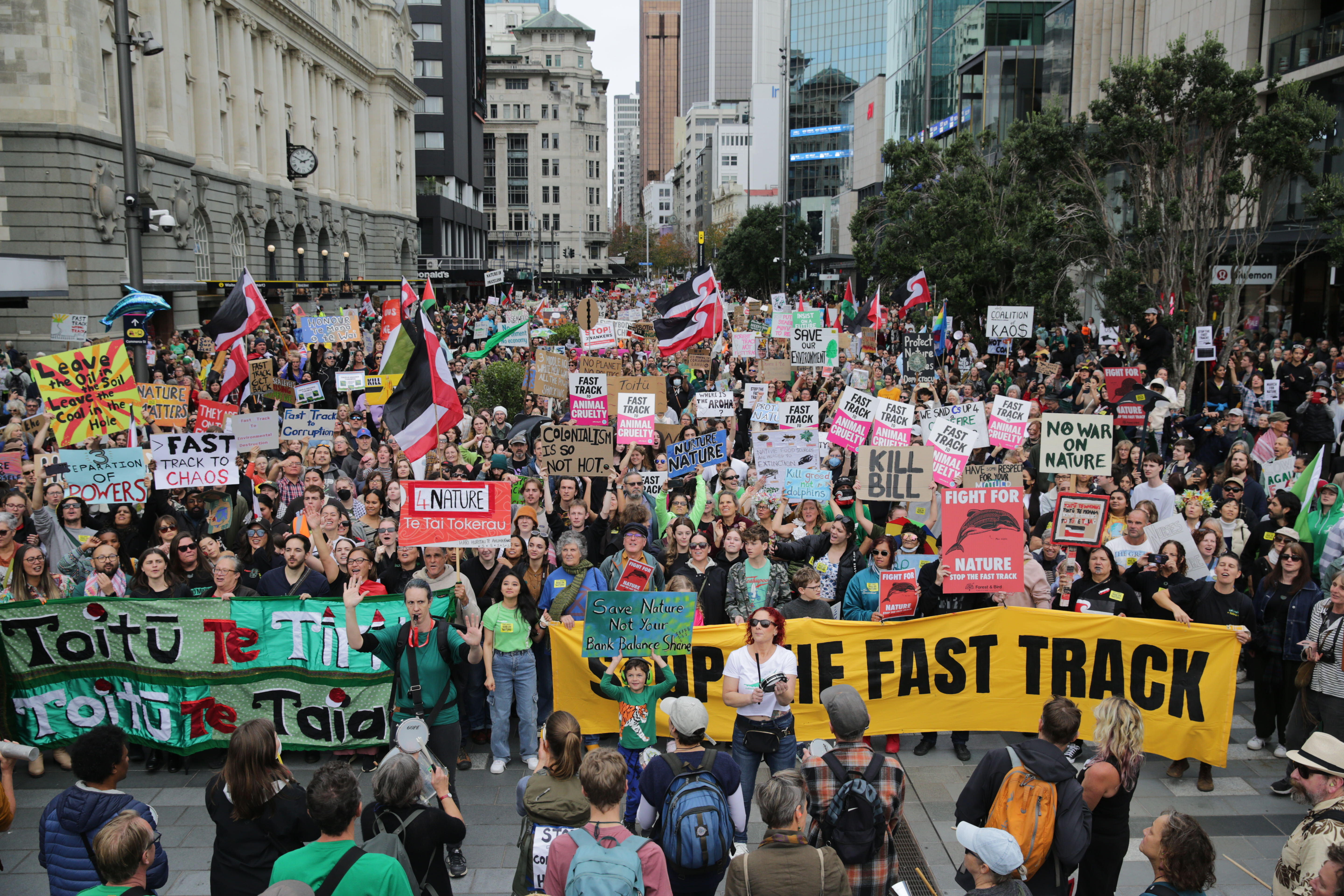 The protesters at Te Komititanga Square near Britomart after they marched down Queen St from Aotea Square. Photo / Sylvie Whinray