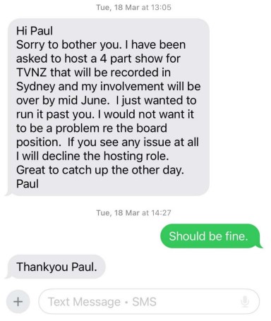 A brief text exchange between the two Pauls - Paul Henry and Paul Goldsmith - and released by The Treasury under the Official Information Act.