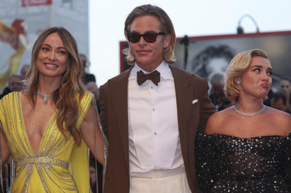Olivia Wilde, Chris Pine and Florence Pugh at the Venice Film Festival premiere for Don't Worry Darling. Photo / AP