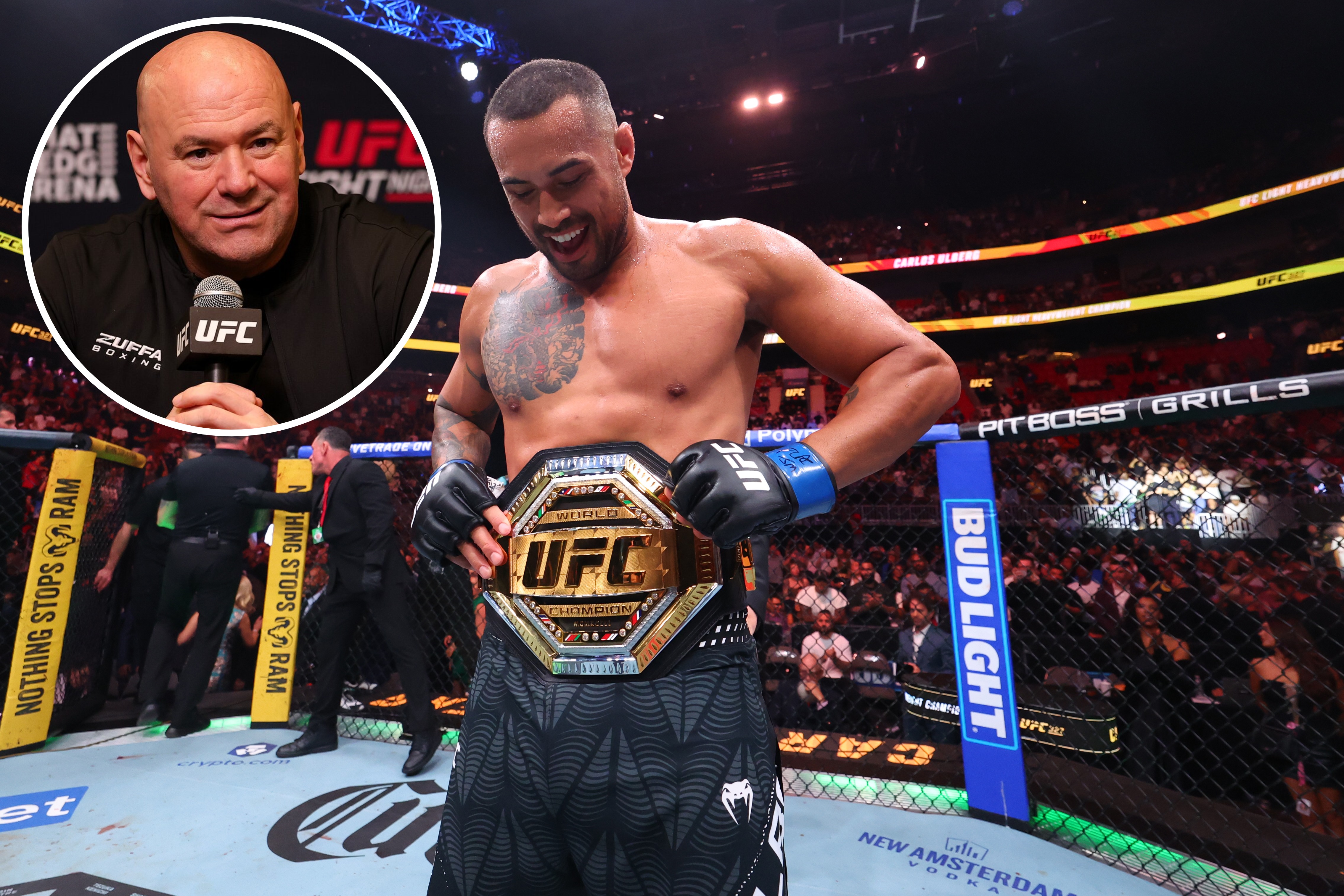 Dana White (inset) says light heavyweight champion Carlos Ulberg is set to begin his recovery after knee surgery. Photos / Getty Images