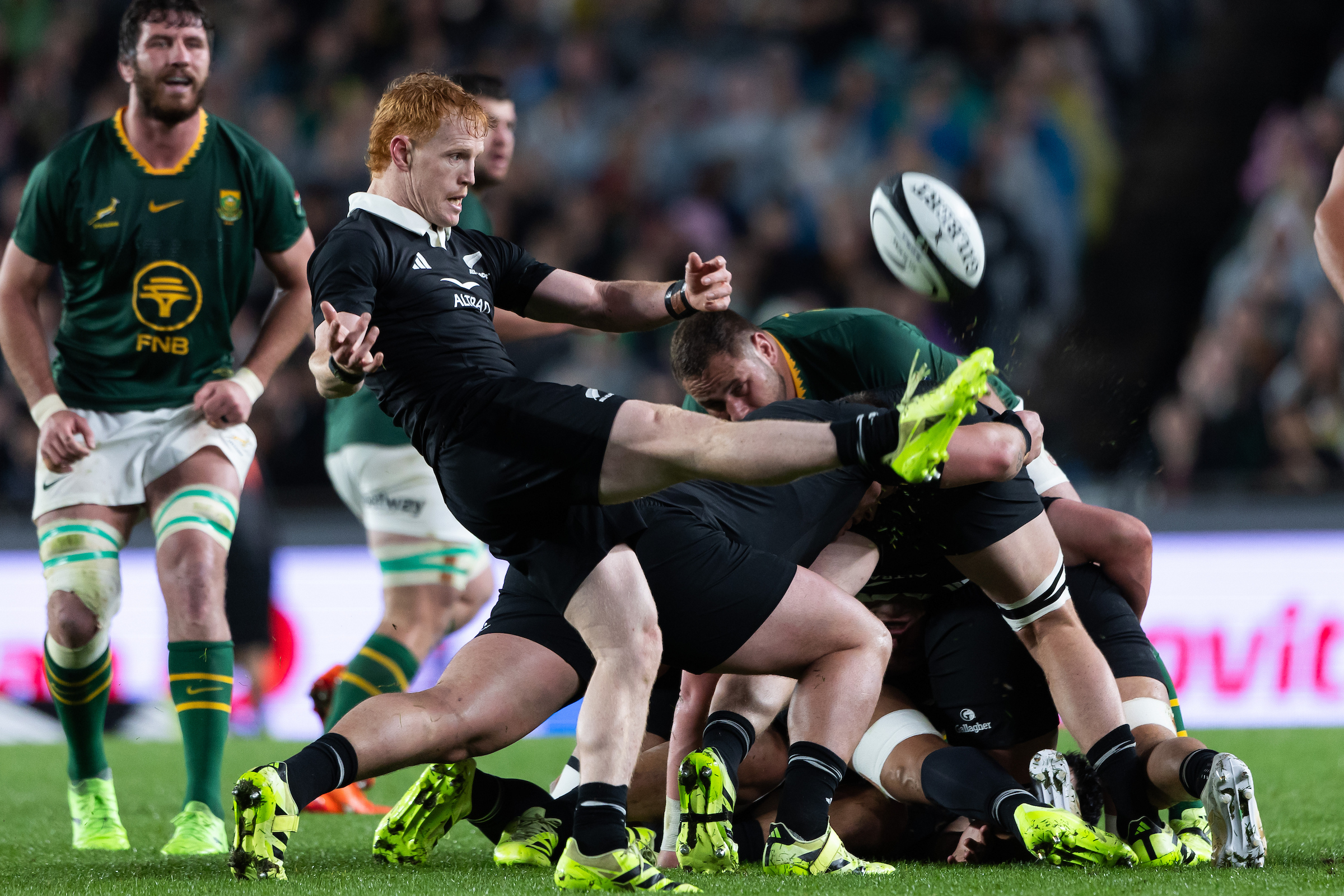 All Blacks halfback Finlay Christie kicks during the Rugby Championship test at Eden Park. Photo / Photosport