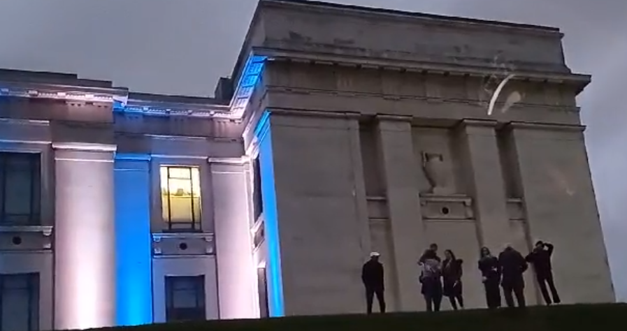 The Auckland War Memorial Museum copped criticism from some for lighting the building in Israeli colours, forcing the institution to apologise, which was followed by criticism from others of it issuing the apology. Photo / Bryce Edwards
