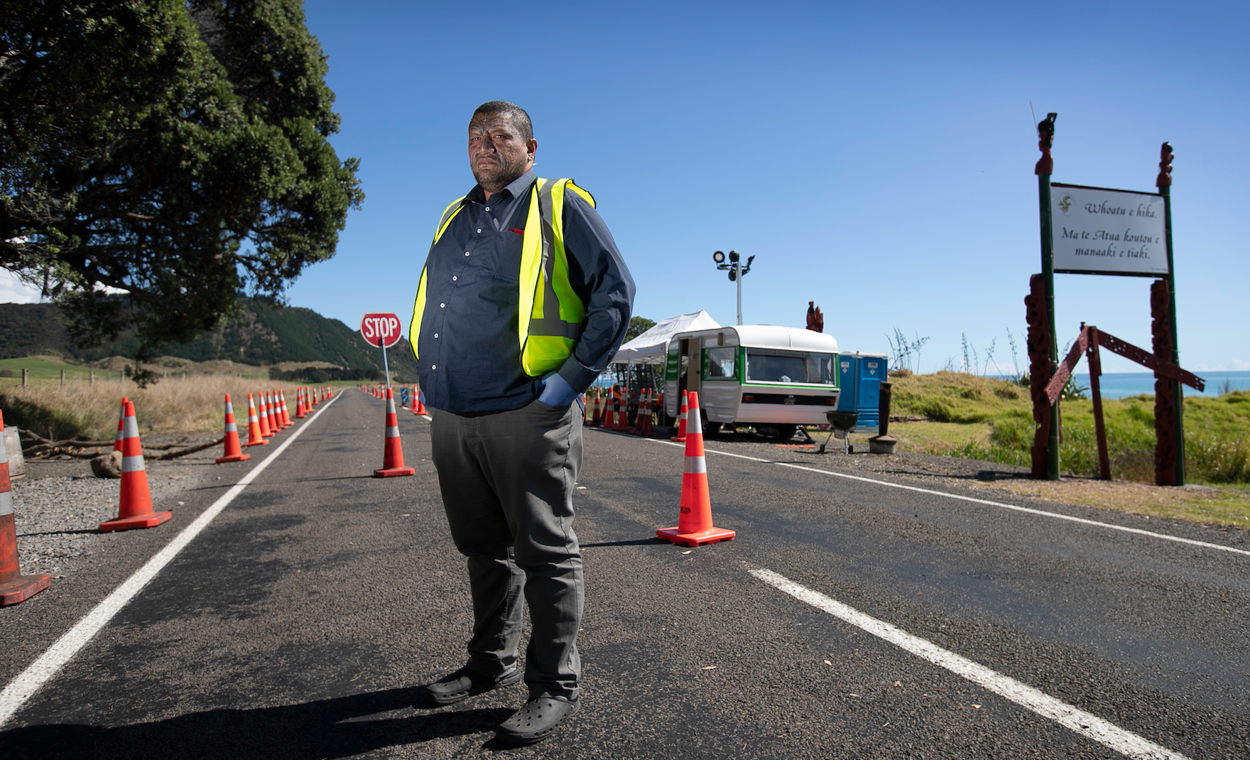 The community leader of Te Whānau-ā-Apanui has been manning the territory border along State Highway 35 facing on to the Bay of Plenty since March 25. Photo / Alan Gibson
