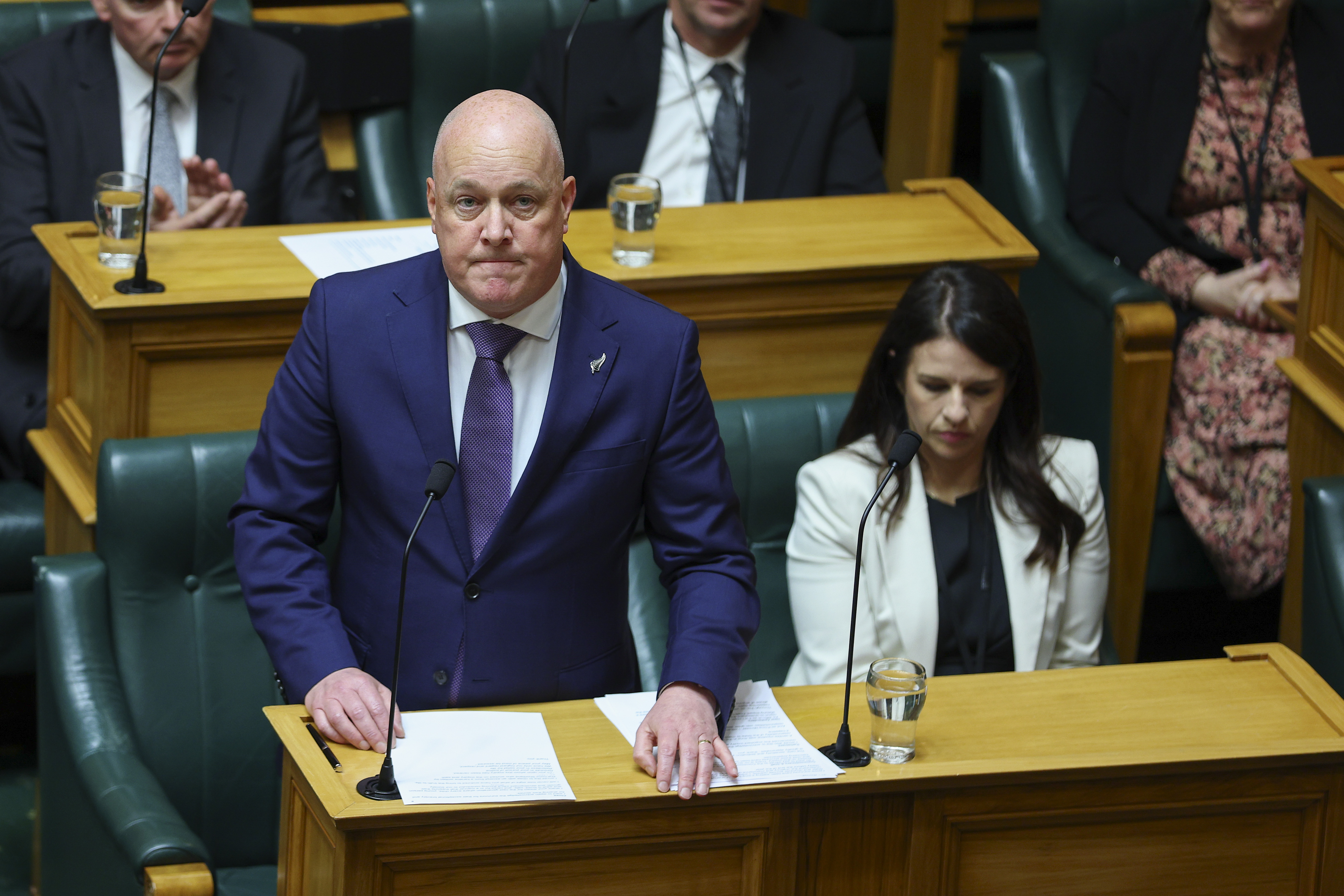Prime Minister Christopher Luxon and Minister for the Crown Response Unit of the Royal Commission Inquiry into Abuse in Care, Erica Stanford, during the release of The Royal Commission of Inquiry into Abuse in Care report. Photo / Getty Images