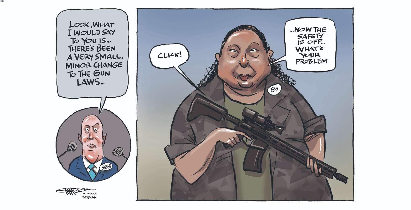 Act MP Nicole McKee made changes to firearms legislation (to do with annual reporting for gun clubs) without public consultation, and with the nod of Prime Minister Christopher Luxon. Cartoon by Rod Emmerson