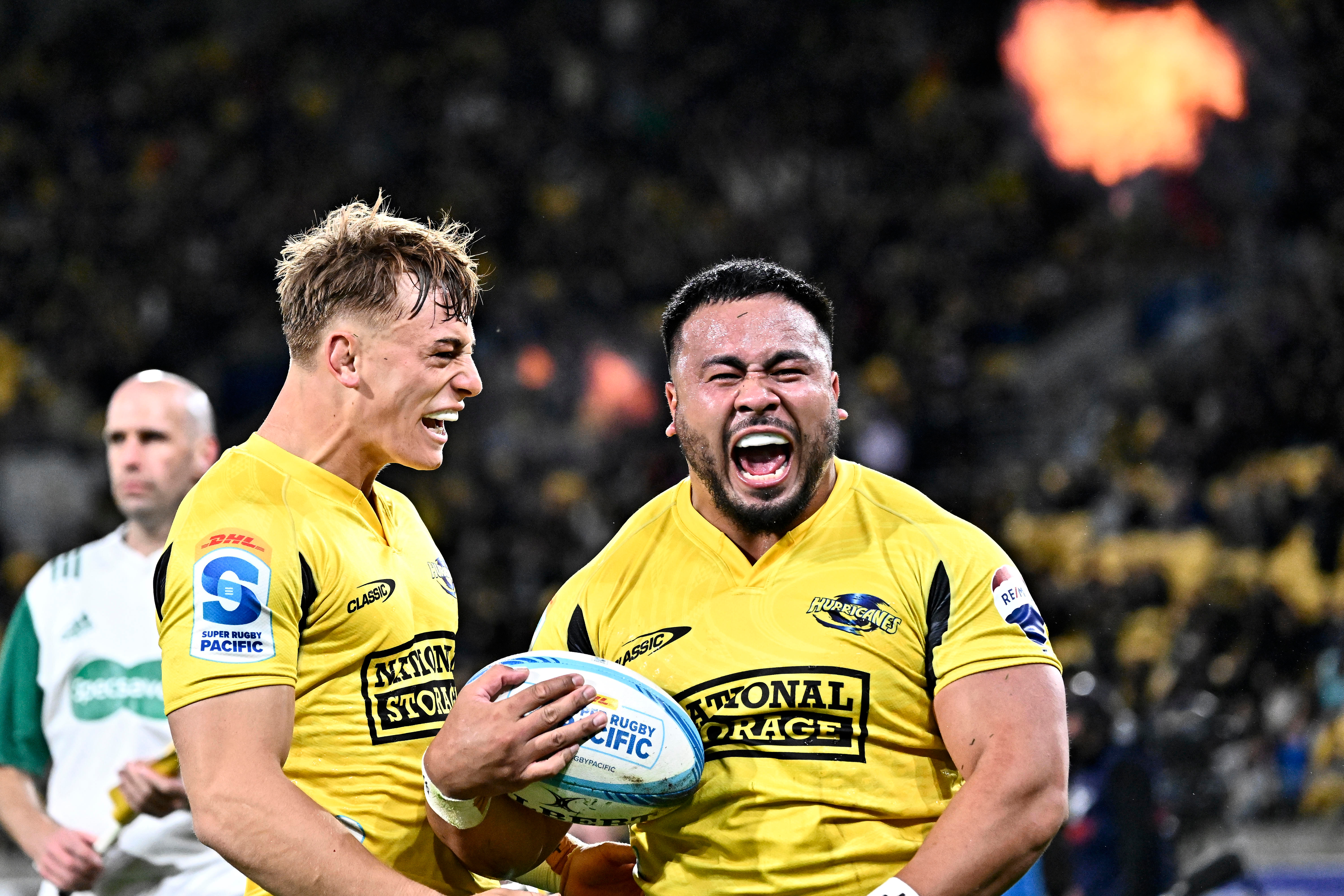 Asafo Aumua of the Hurricanes (right) and Ruben Love during the Hurricanes-Chiefs game in Wellington in April. Photo / Photosport