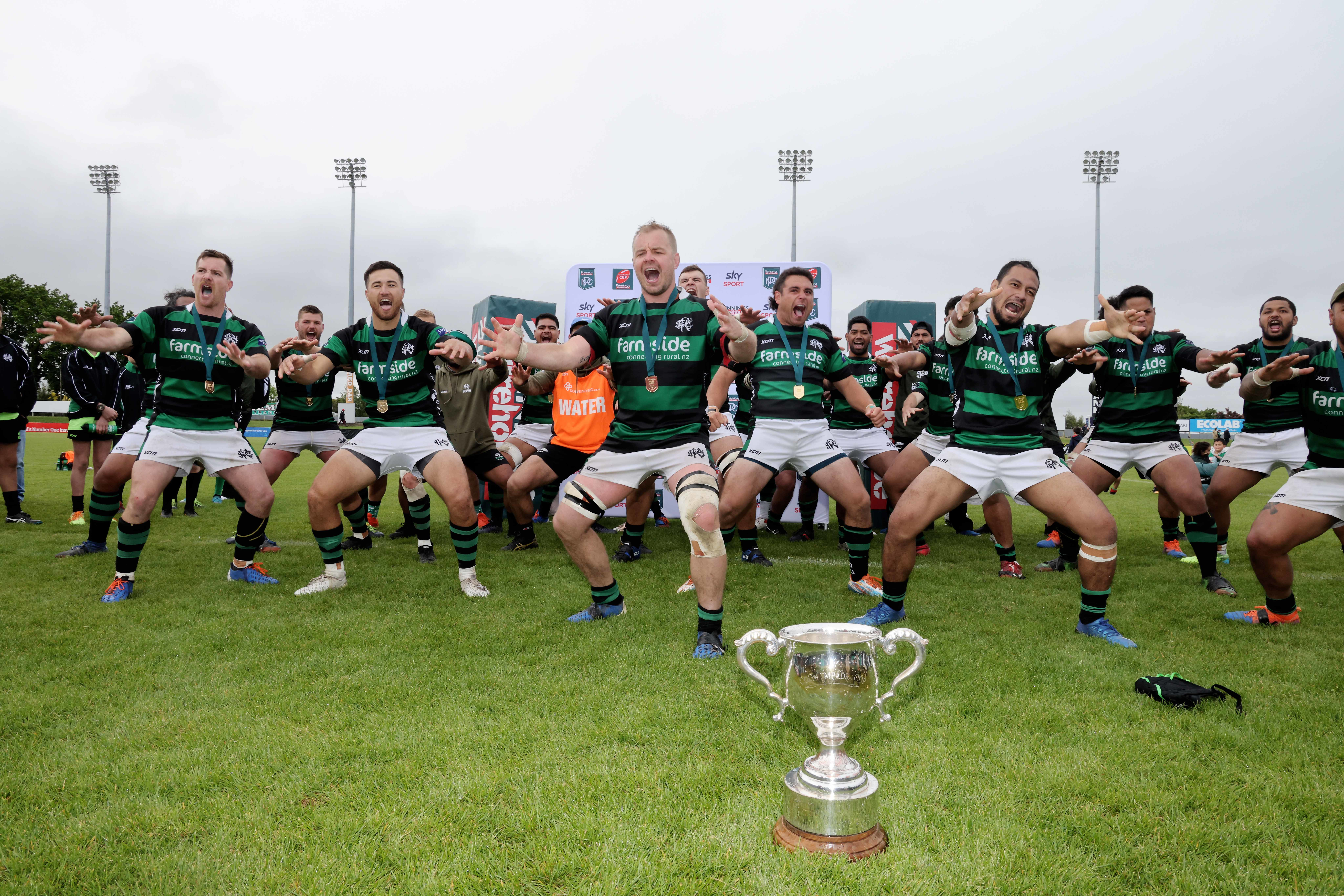 South Canterbury players celebrate winning the Meads Cup with a haka. Photo / Photosport