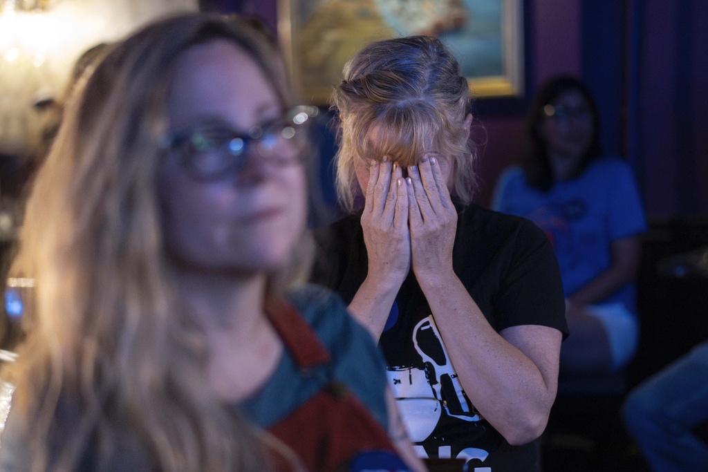 Tonya Morris, from Cincinnati, reacts at Tillie's Lounge in Cincinnati, during the debate between President Joe Biden and Republican presidential candidate Donald Trump. Photo / AP