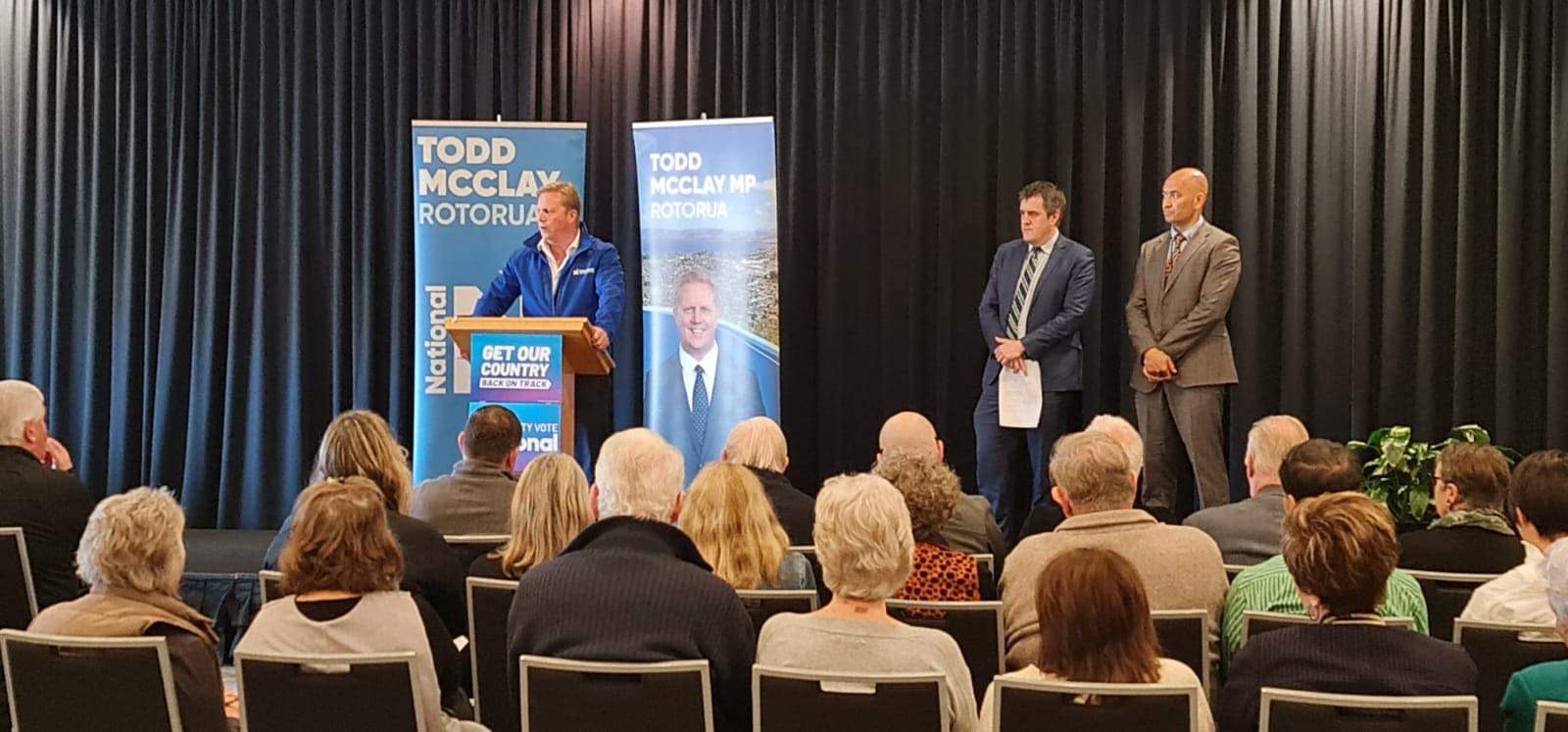 Rotorua MP Todd McClay addresses the crowd at National's housing policy launch in Rotorua. Photo / Supplied