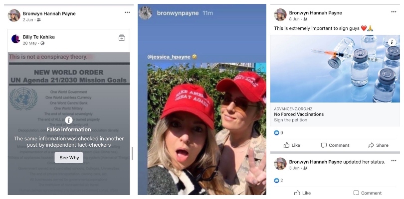 Screengrabs from Bronwyn Payne's Faceboook and Instagram: sharing a conspiracy theory posted by Billy Te Kahika, a photo of both Payne sisters wearing MAGA hats; an Advance NZ petition.