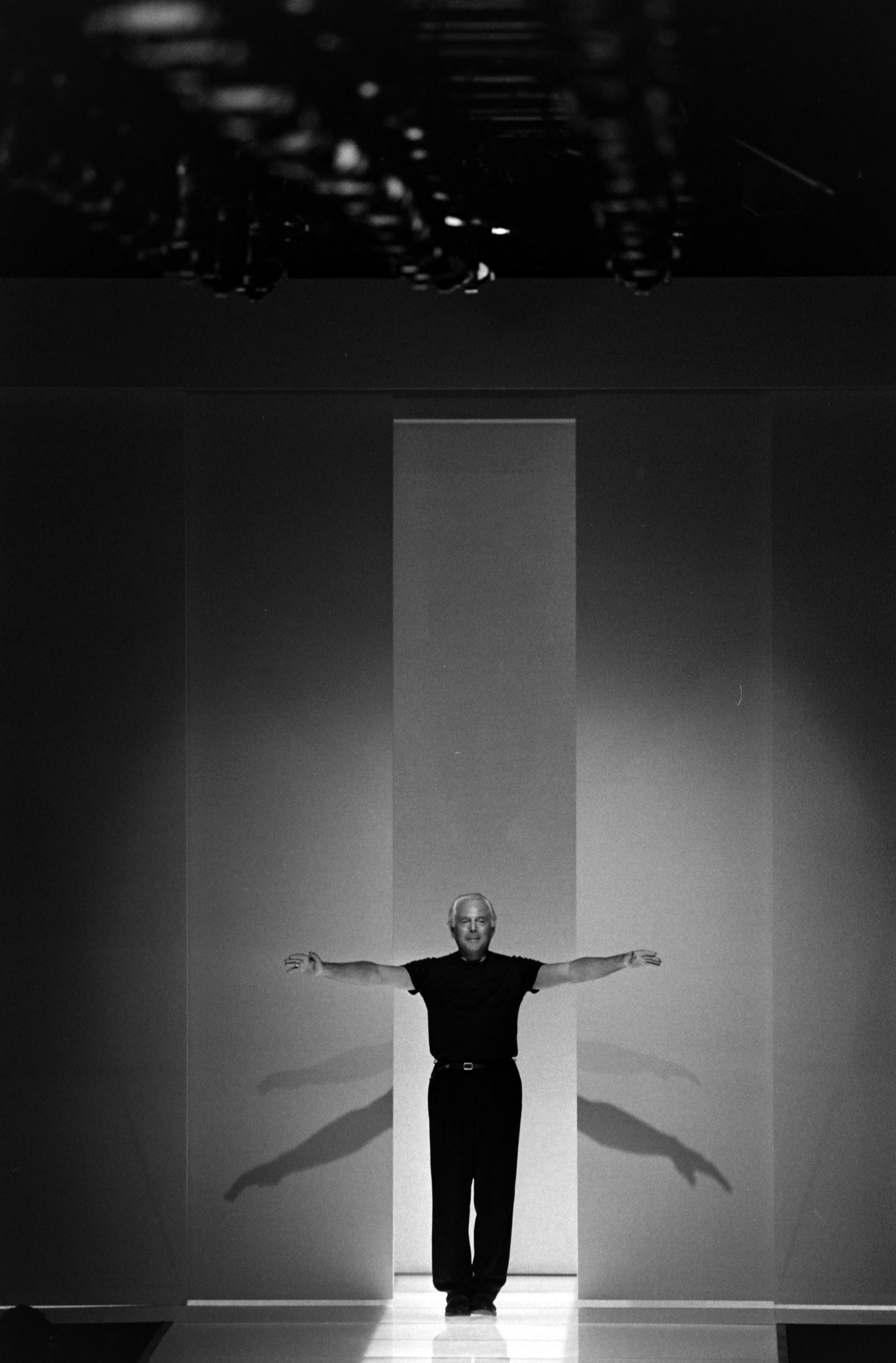 Armani onstage at a fashion show in California in 1994. Photo / Getty Images