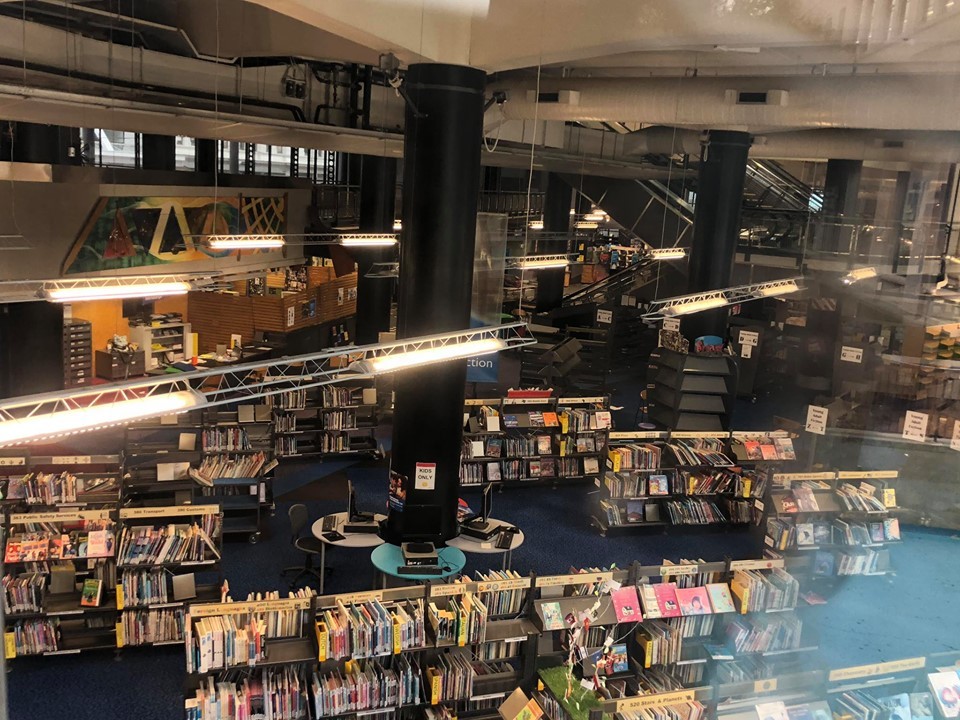 More than a year later, hundreds of books remain inside the closed building. Photo / Georgina Campbell. 