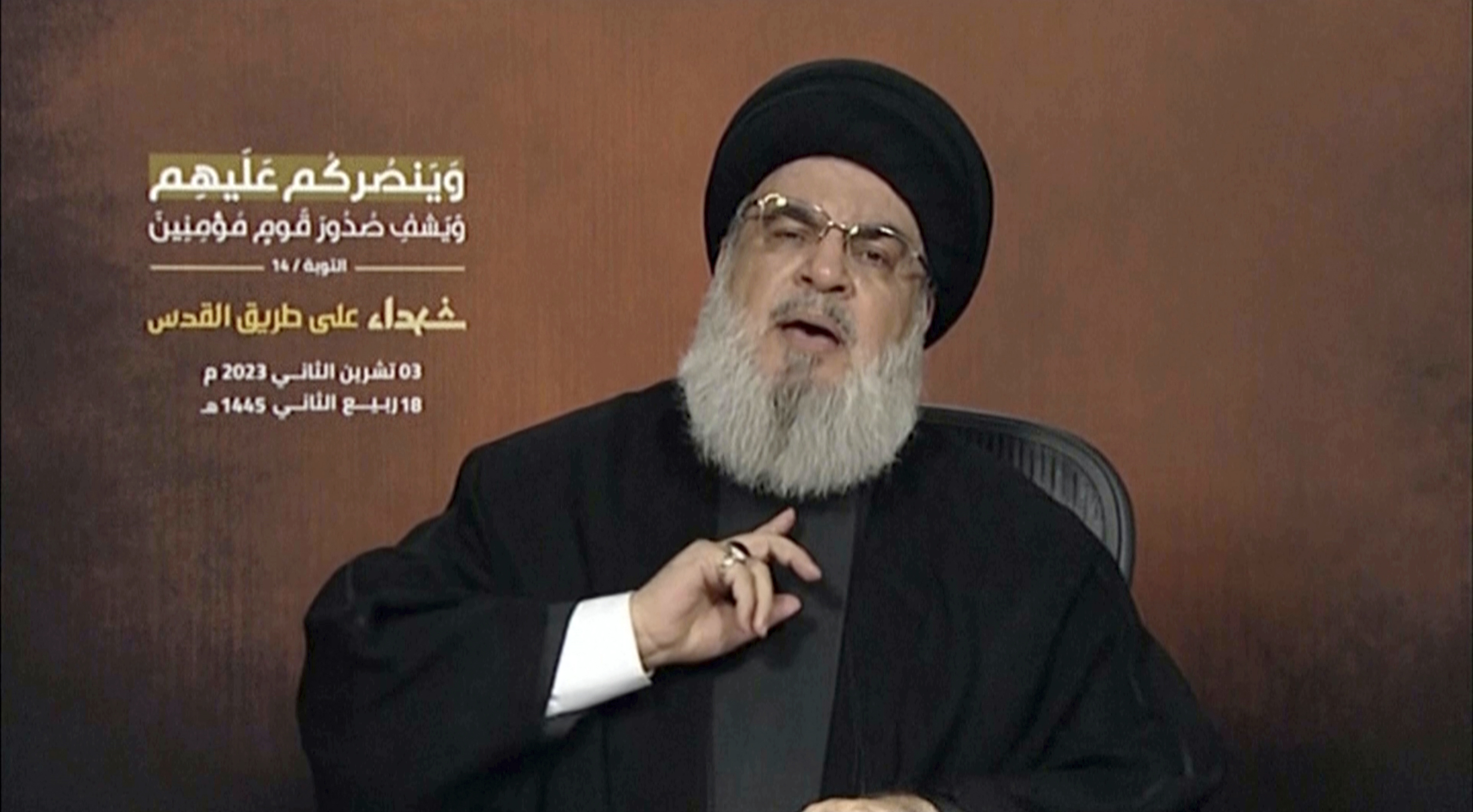 Hezbollah leader Sayyed Hassan Nasrallah speaking via a video link, during a rally in Beirut. Photo / AP