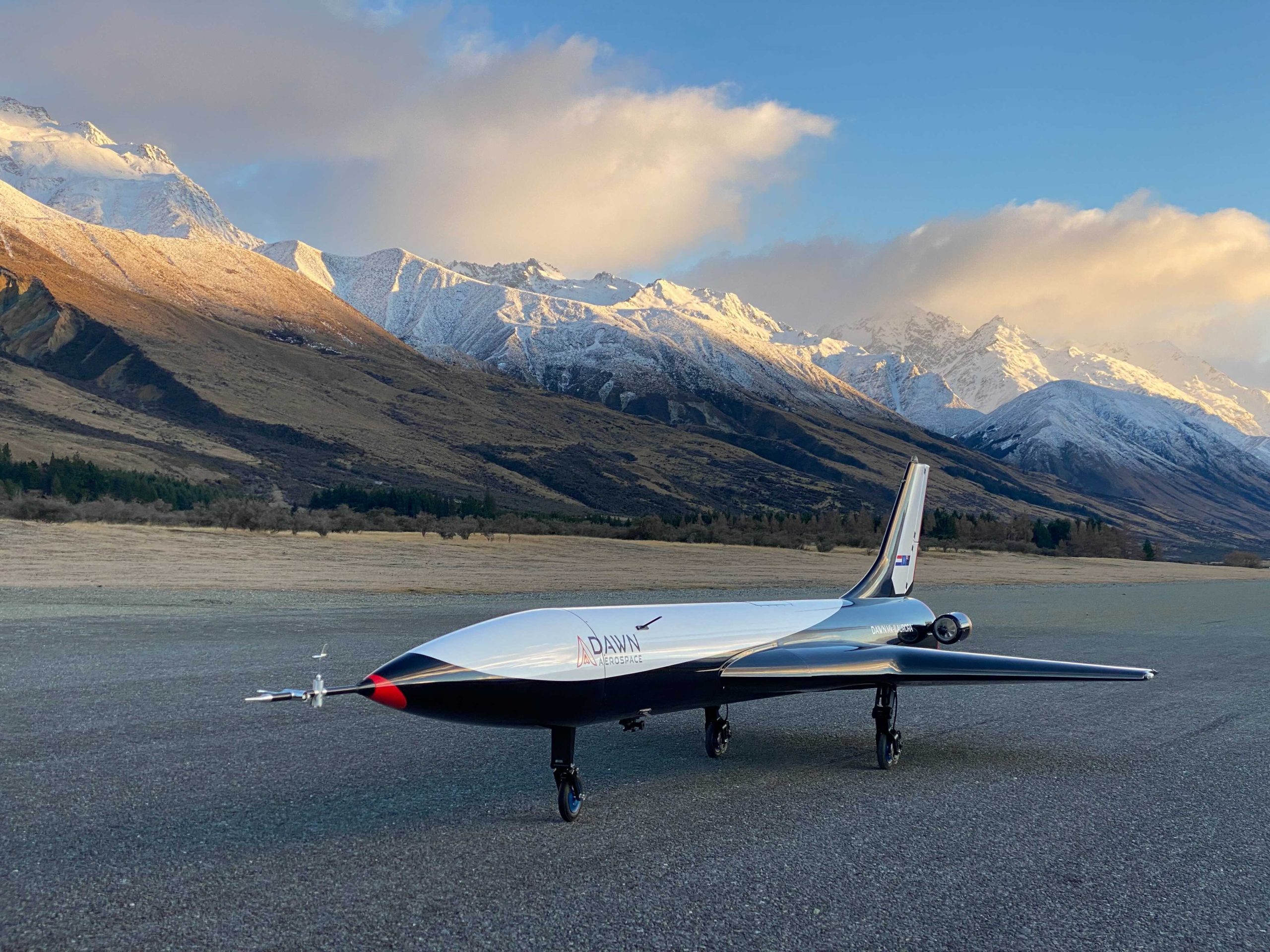 Dawn Aerospace's Mk-II Aurora suborbital spaceplane on the upgraded runway at Tāwhaki. Mark Rocket's Kea also uses the facility for its high-flying, long-life drones.