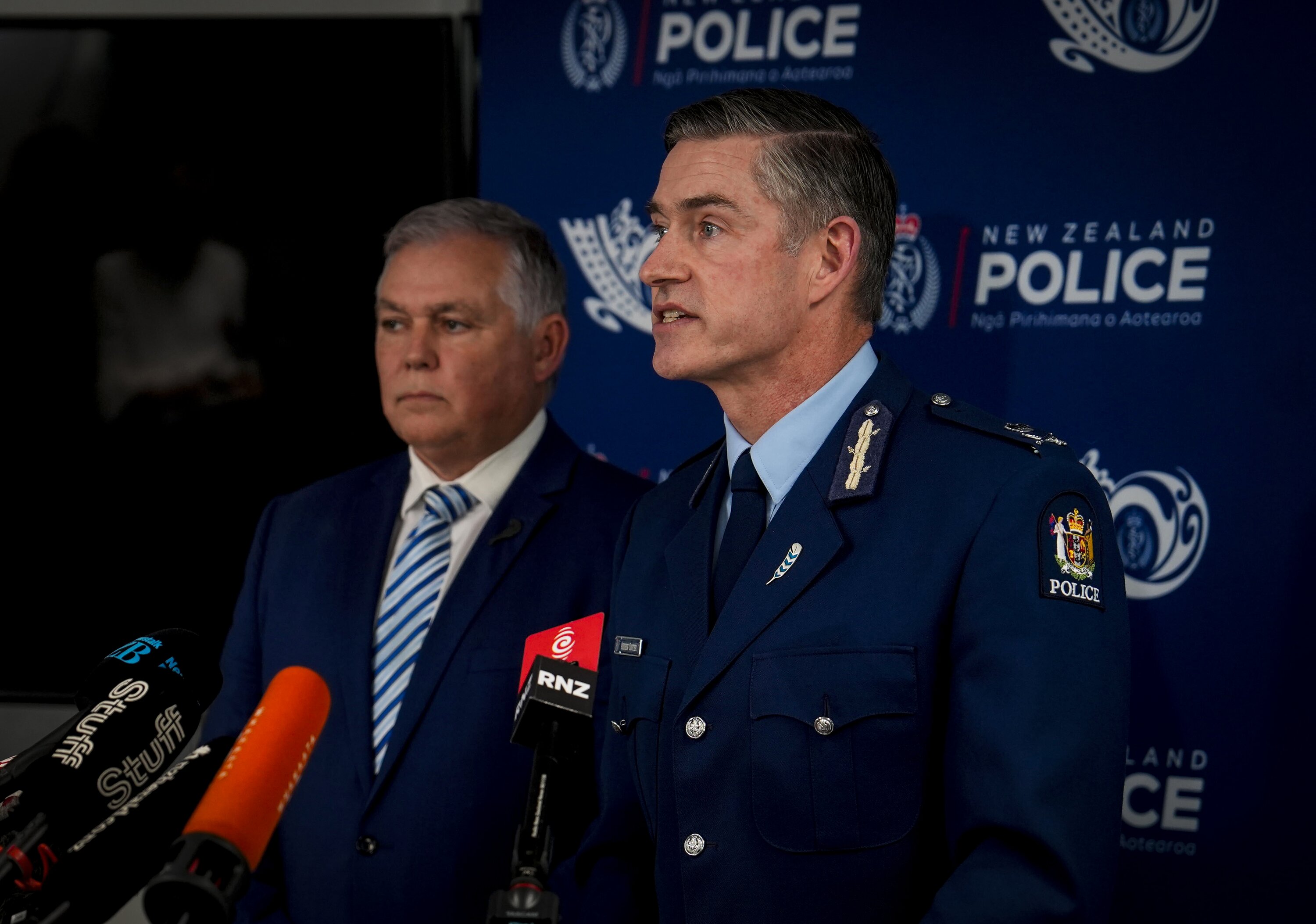 Police Minister Mark Mitchell and Police Comissioner Andrew Coster reveal the National Gang Unit. Photo / Ben Dickens