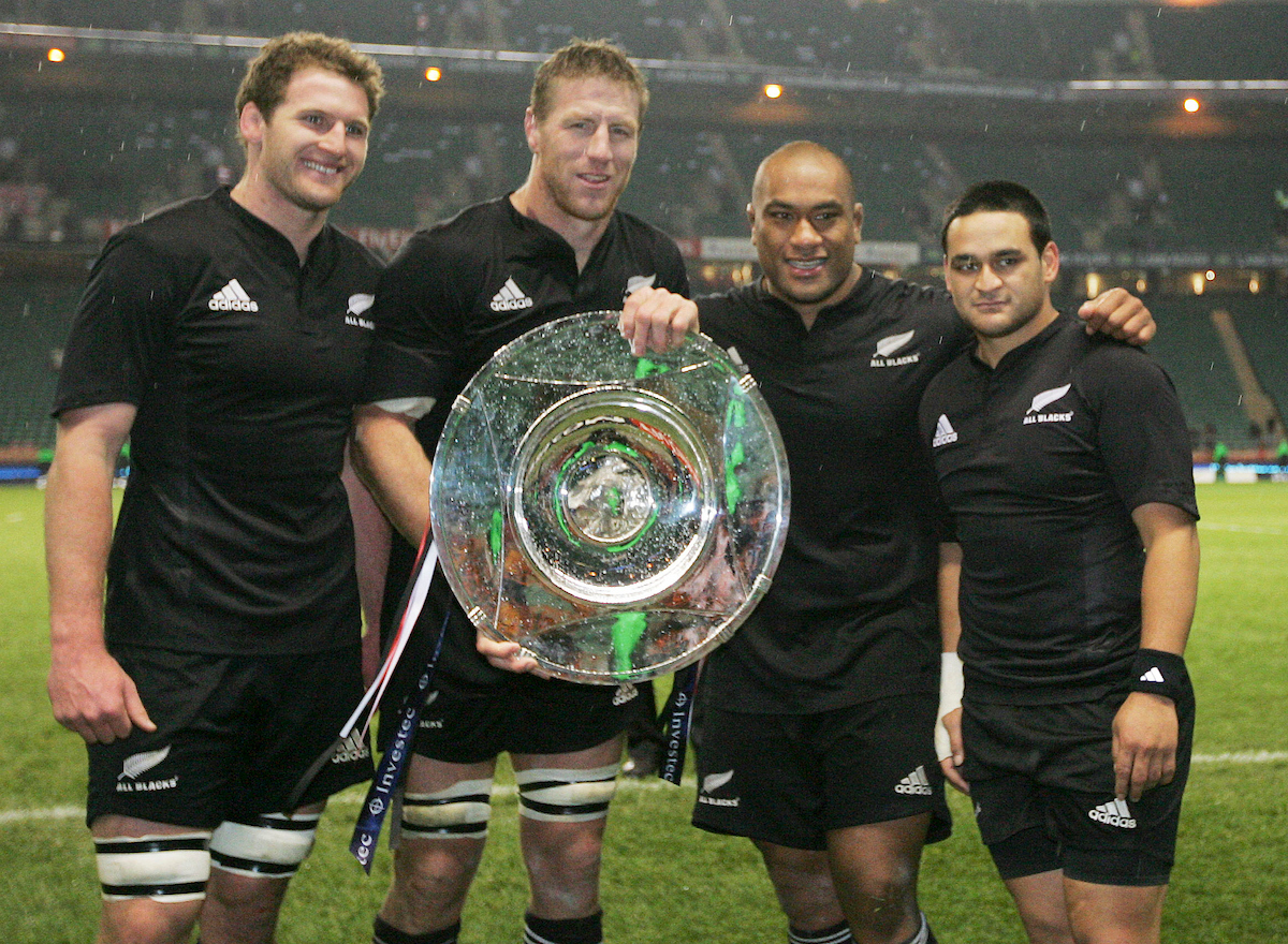 All Blacks (from left) Kieran Read, Brad Thorn, Neemia Tialata and Piri Weepu after the Grand Slam win over England in 2008. Photo / Photosport