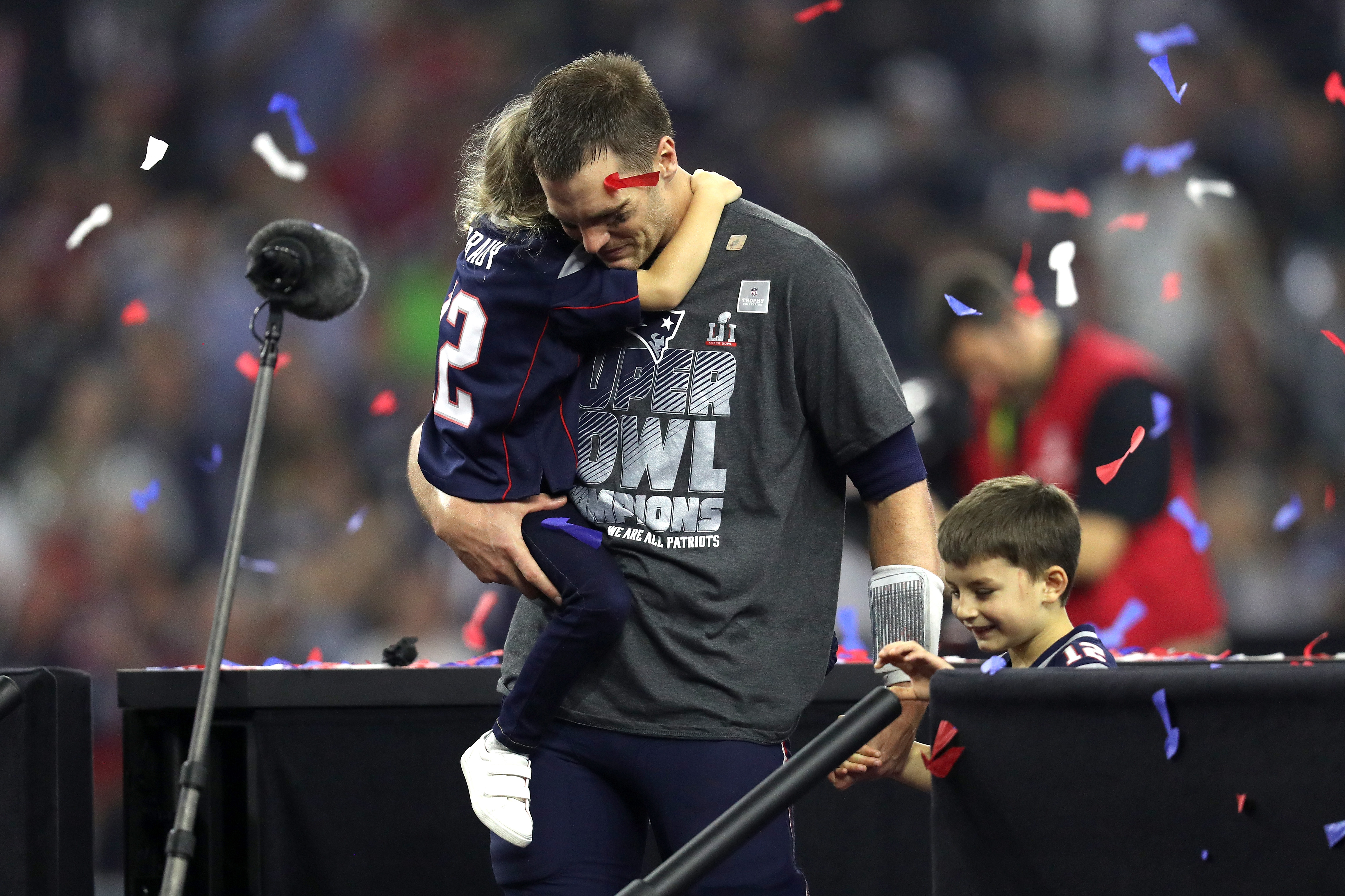 Tom Brady celebrates with his daughter after winning last year's Super Bowl. Photo / Getty
