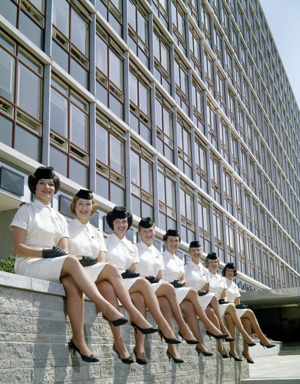 Liberated: The uniform between 1958 and 1961 was heavily influenced by the post-war era with female cabin crew wearing what resembled a 'nurses' outfit. Photo / Air New Zealand