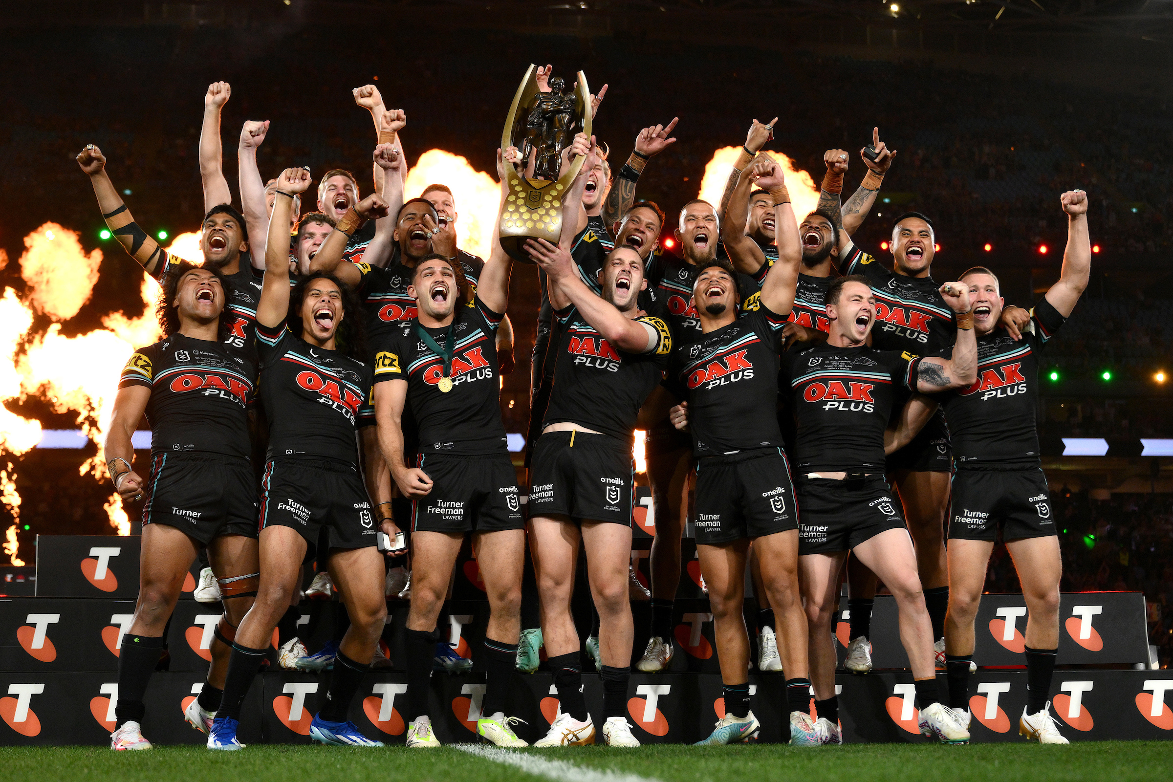 Panthers players celebrate after winning the NRL grand final between the Brisbane Broncos and Penrith Panthers last year. Photo / Photosport