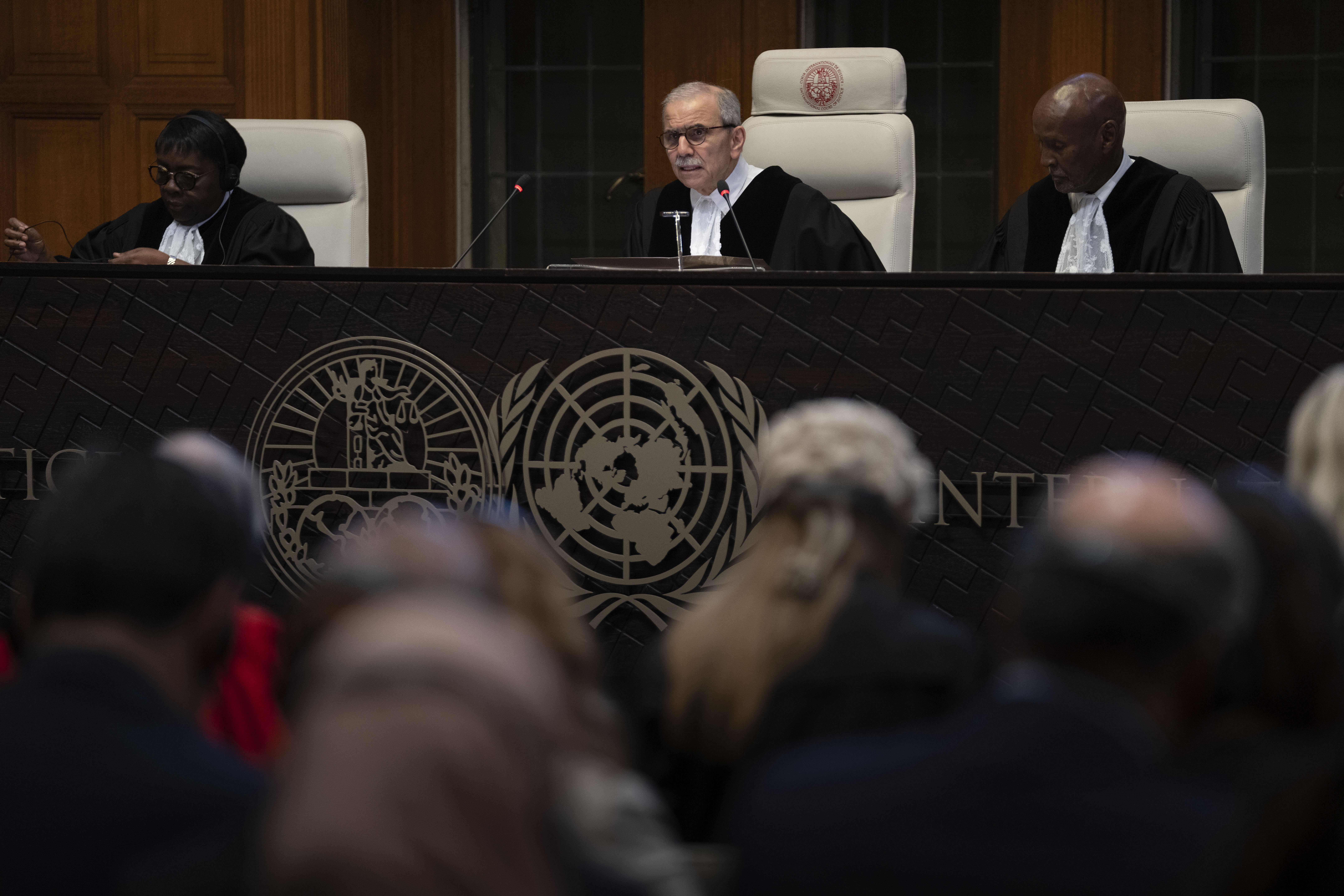 Presiding Judge Nawaf Salam reads the ruling of the International Court of Justice for Israel to halt its military operations in Gaza and withdraw from the enclave. Photo / AP