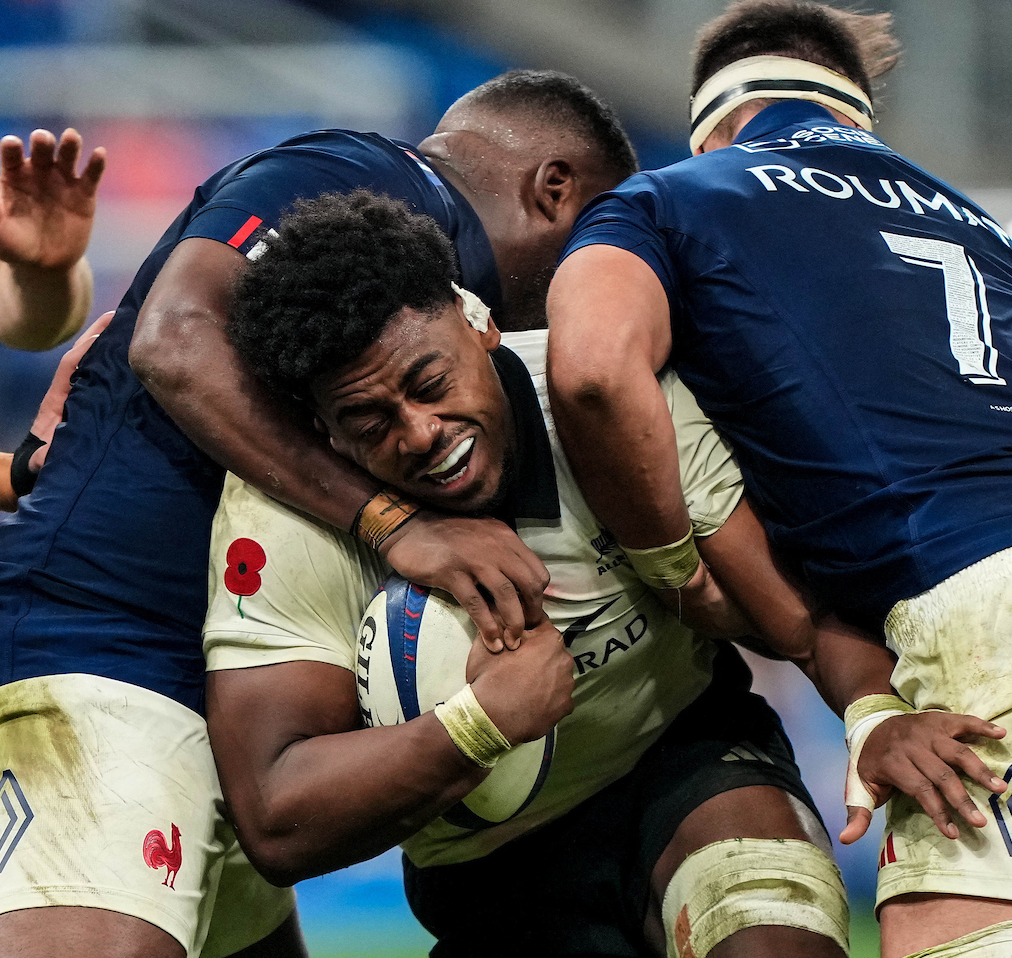 Peter Lakai is hit is a tackle during the All Blacks defeat to France in Paris. Photo / Photosport
