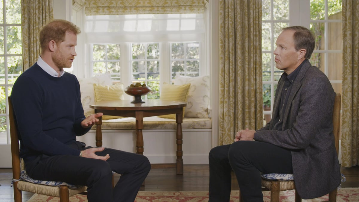 Prince Harry in conversation with ITV's Tom Bradby. Photo / PA via AP