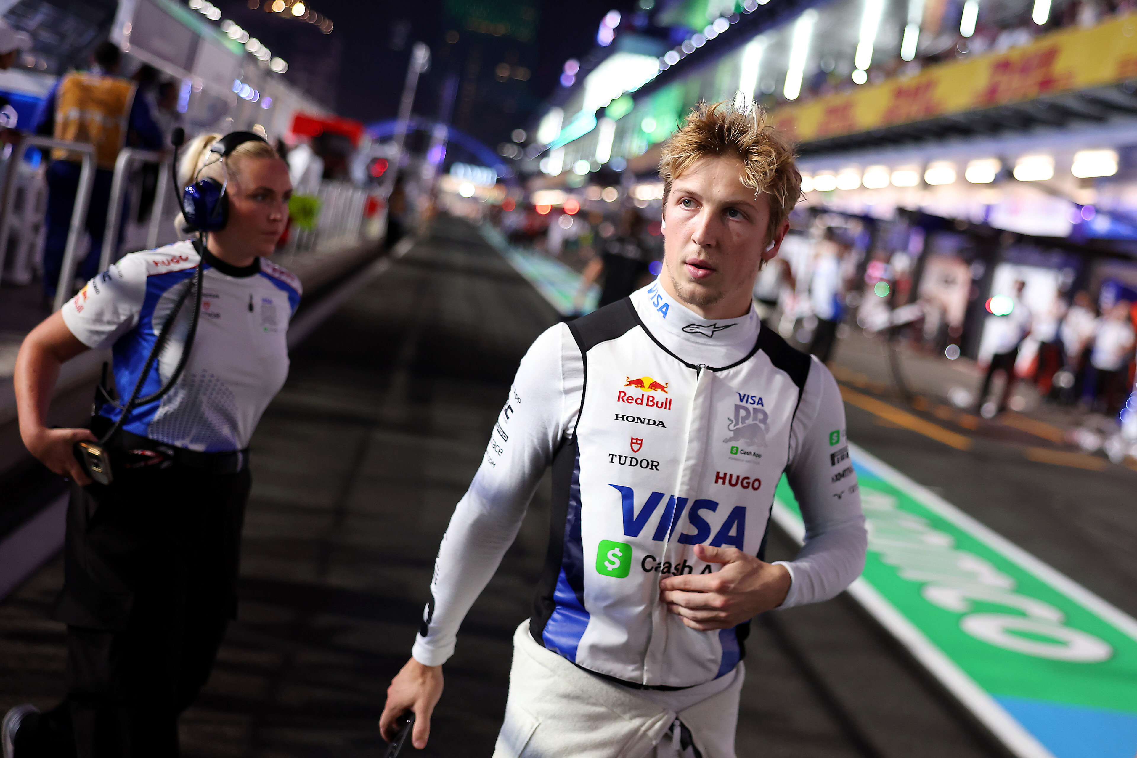 Liam Lawson in the pit lane at Formula One's Saudi Arabian Grand Prix. Photo / Red Bull