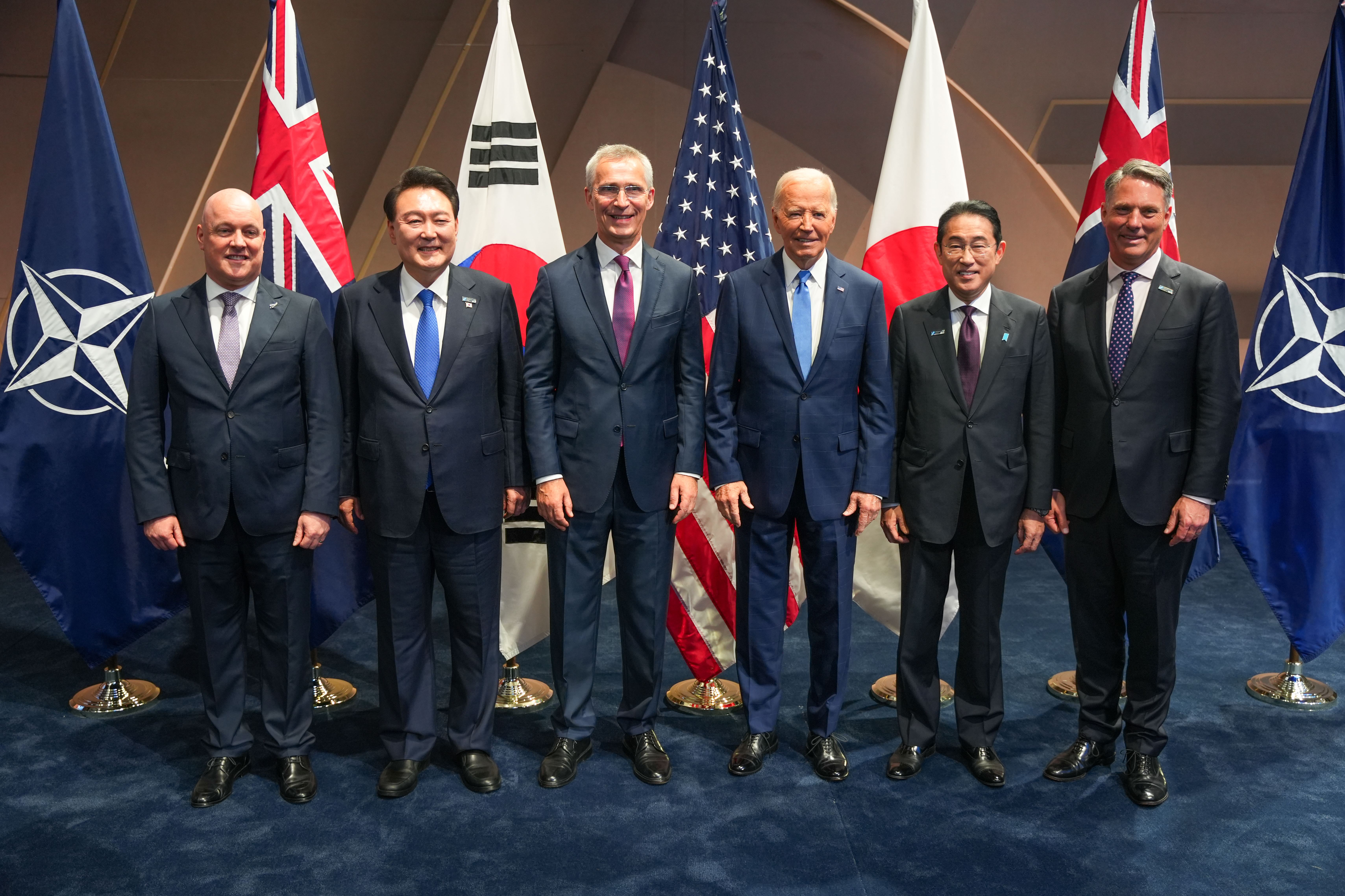 At the Nato Summit in Washington DC Prime Minister Christopher Luxon (l) with Korean President Yoon Suk Yeol, Nato Secretary General Jens Stoltenberg, US President Joe Biden, Japan Prime Minister Fumio Kishida and Australia's deputy PM Richard Marles. Photo / supplied.